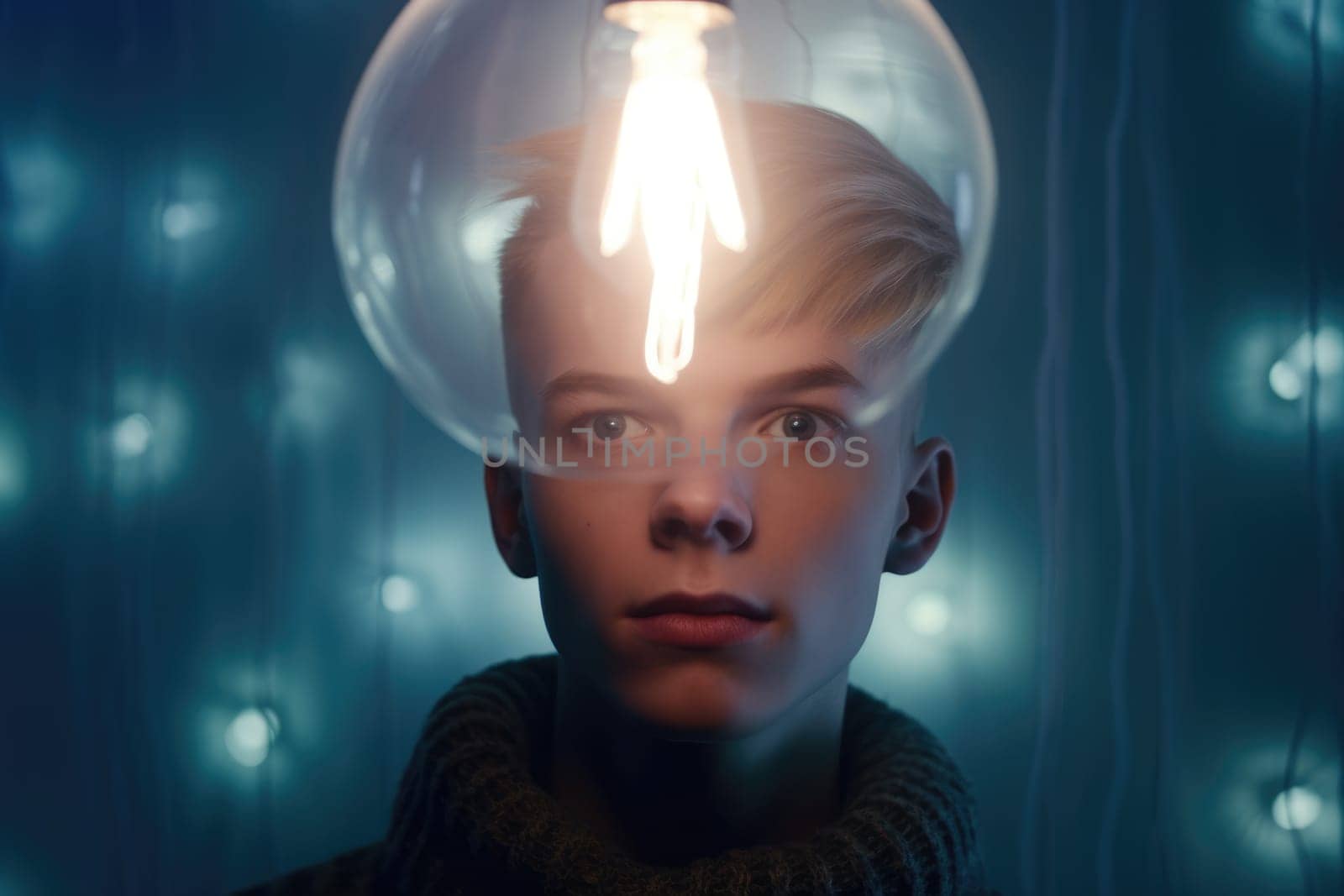 bright light bulb floating above of young scandinavian man's head. generative ai AIG32 by biancoblue