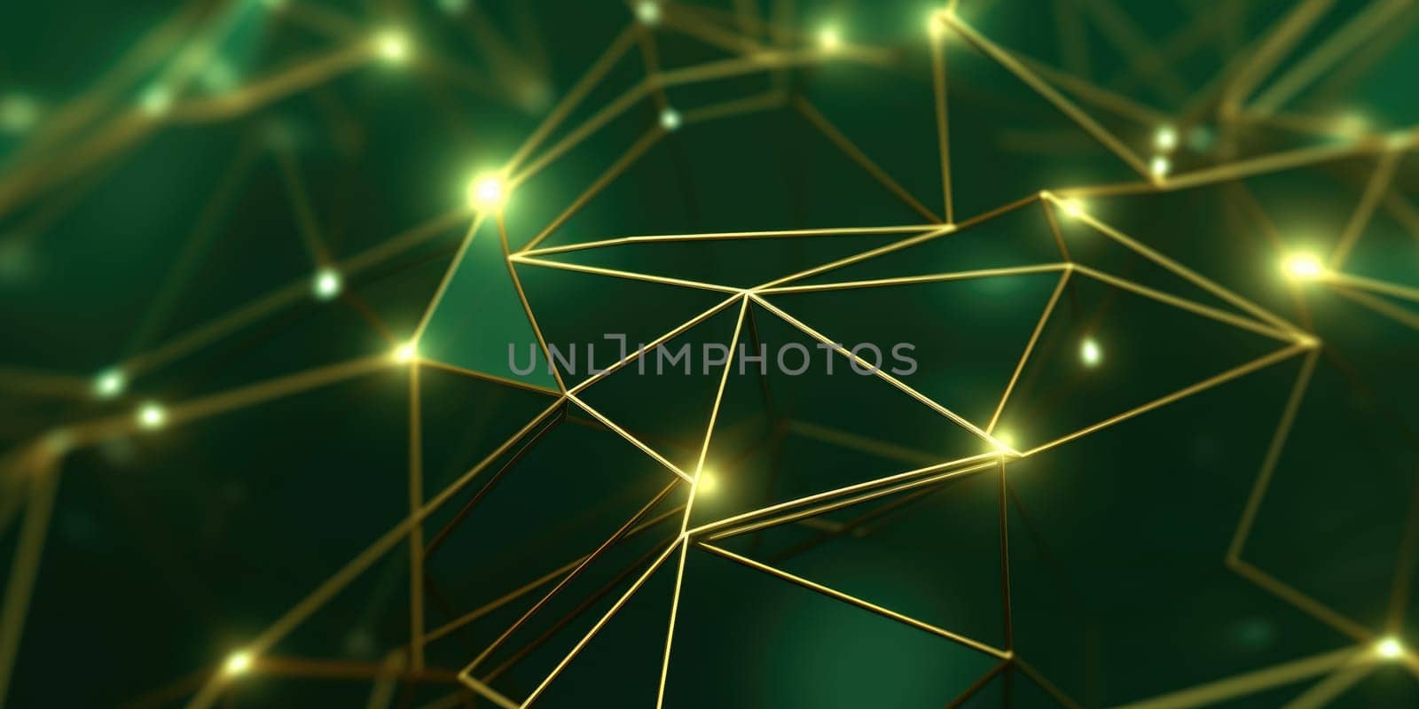 3D network connections with plexus design green and gold color background wallpaper. Generative AI image weber.