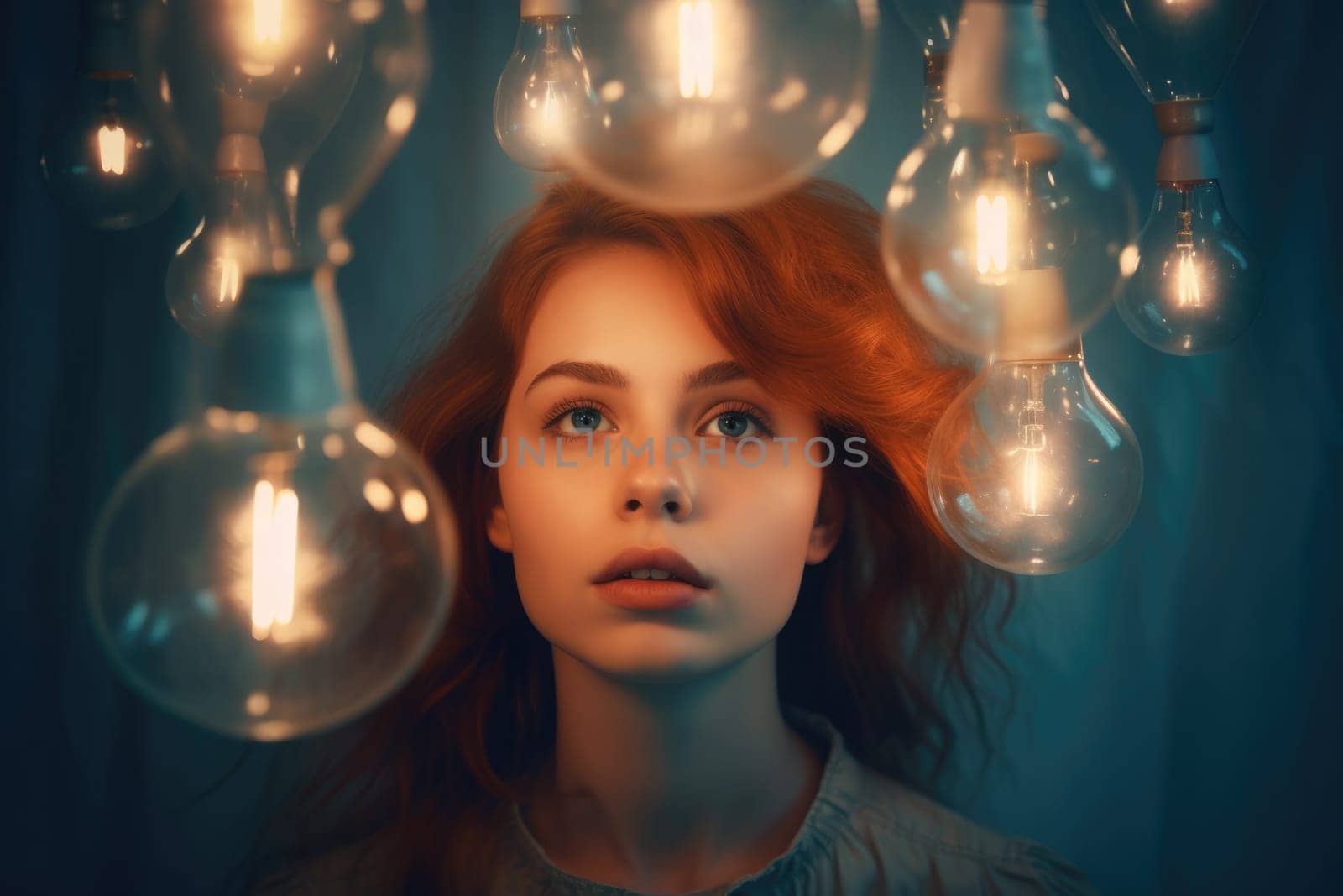 bright light bulb float above of young scandinavian woman's head. generative ai AIG32 by biancoblue