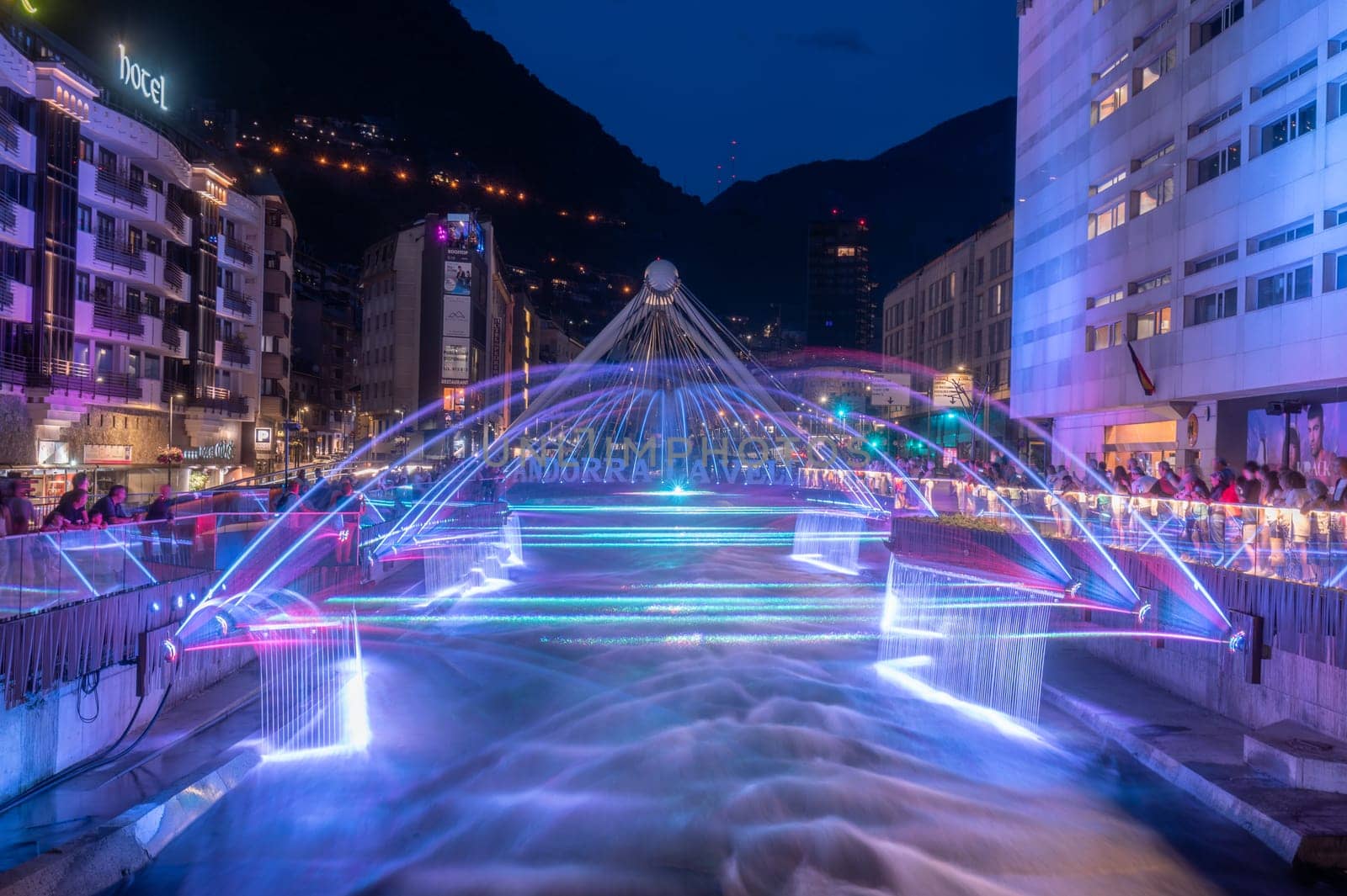 Light and water show in the Capital of Andorra on the Valira River in Andorra La Vella in 2023. by martinscphoto