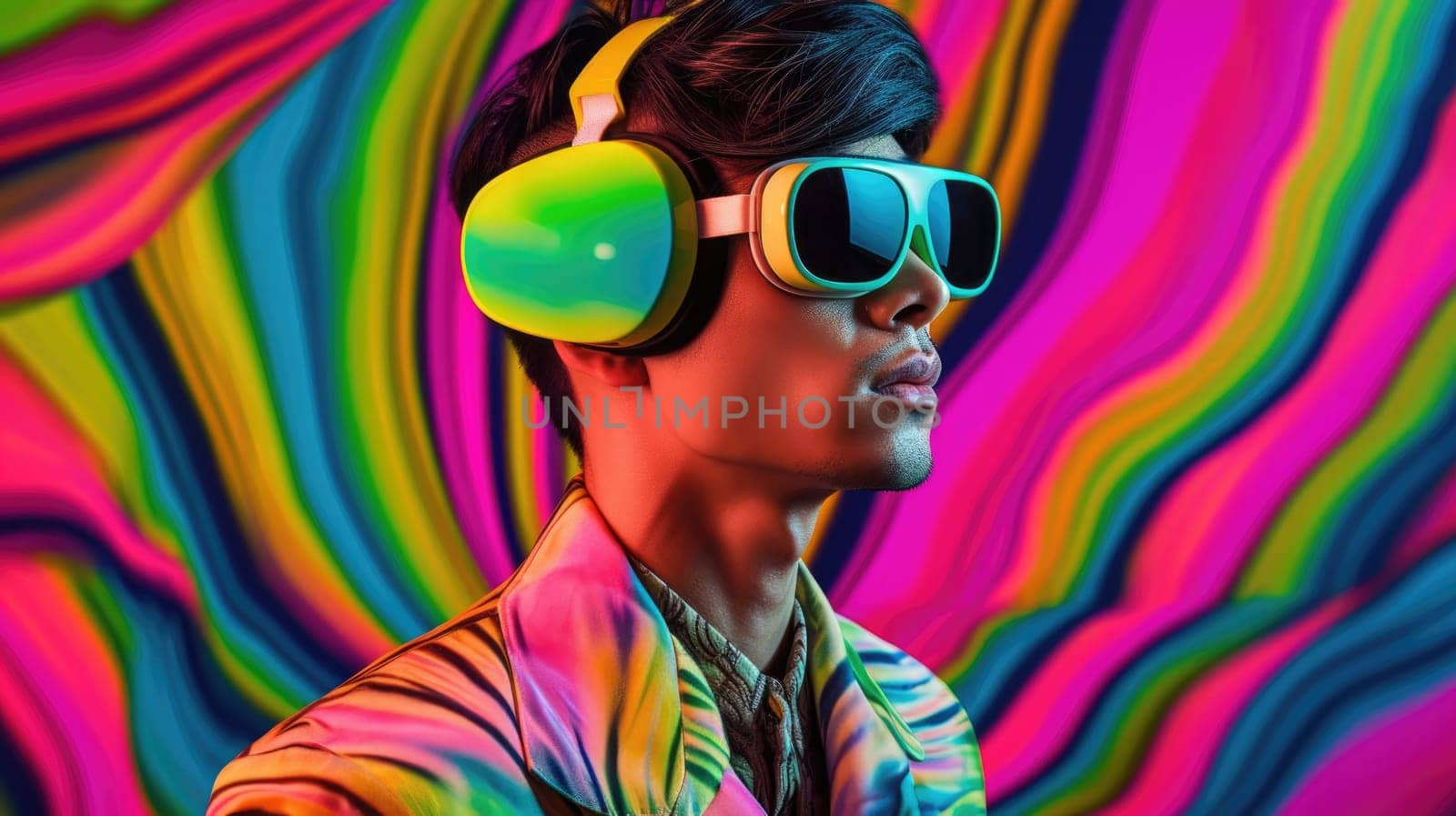 Young male model wearing VR posing with trendy fashion outfit and colorful pastel optical art abstract background. Picturesque generative AI