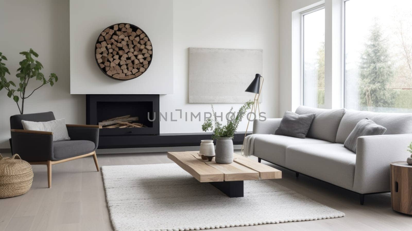Living room decor, home interior design . Modern Minimal style with Fireplace decorated with Wood and Metal material . Generative AI AIG26.