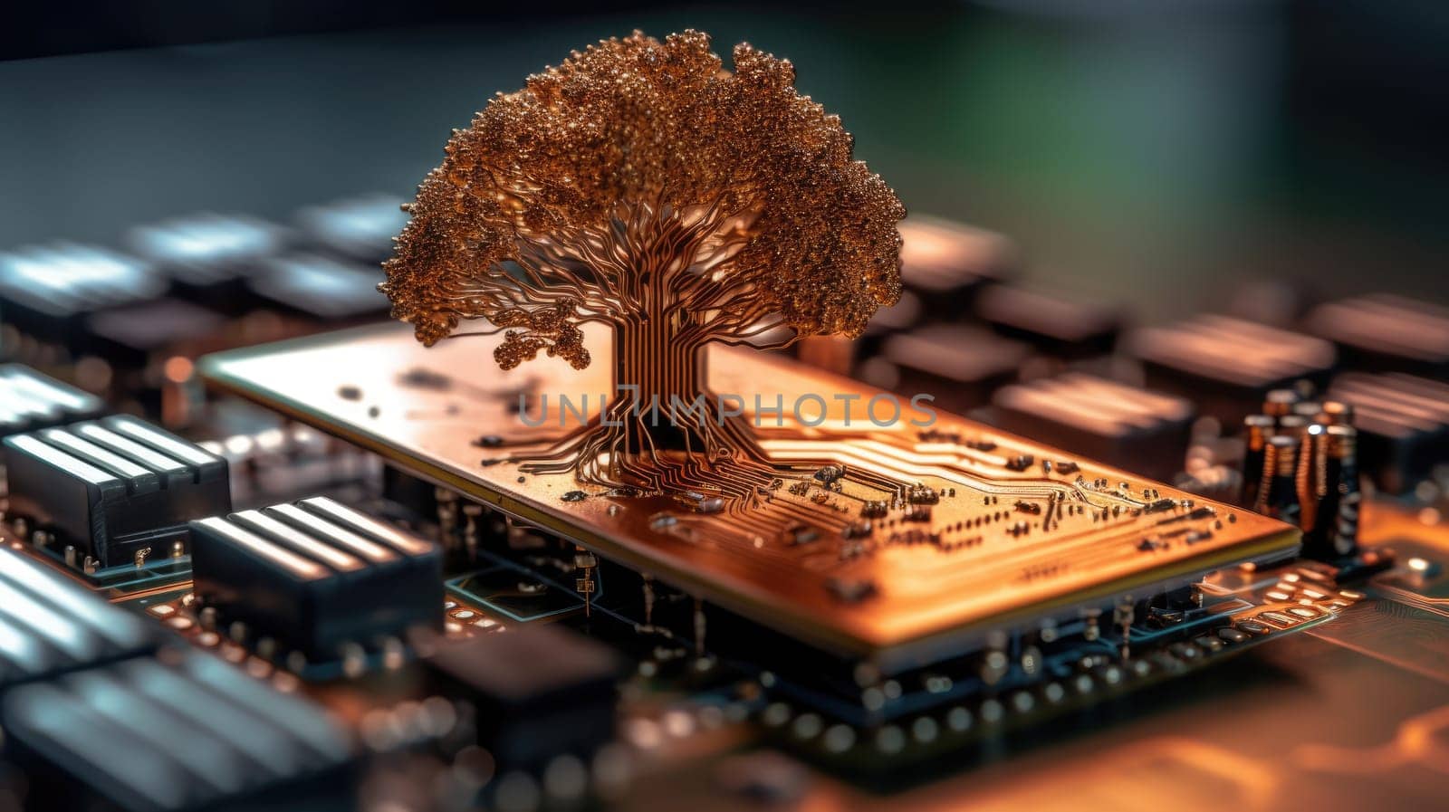 A beautiful large tree growing on the micro chip computer circuit board showing concept of digital business CSR and ethics ESG, waste management. Generative AI weber. by biancoblue