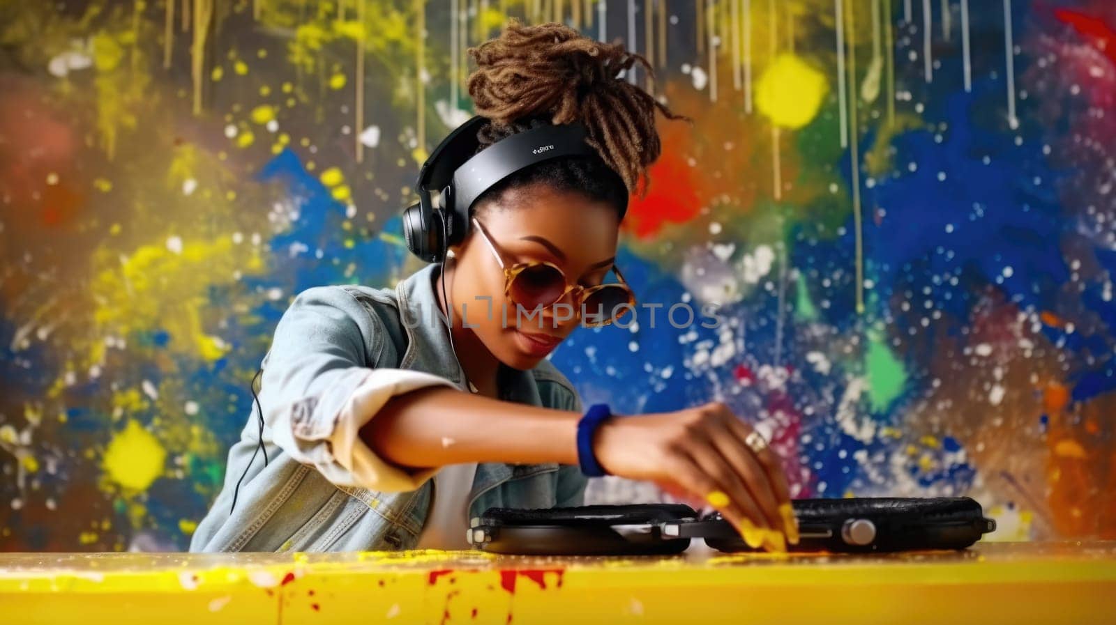 candid an excited DJ young african woman mixing music at turntables with headphones. generative ai AIG32 by biancoblue
