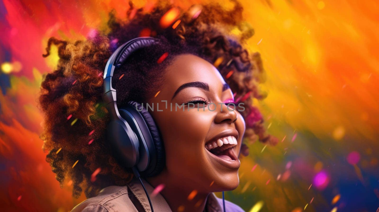 candid shot of an excited young african woman party with headphones. beautiful Generative AI AIG32