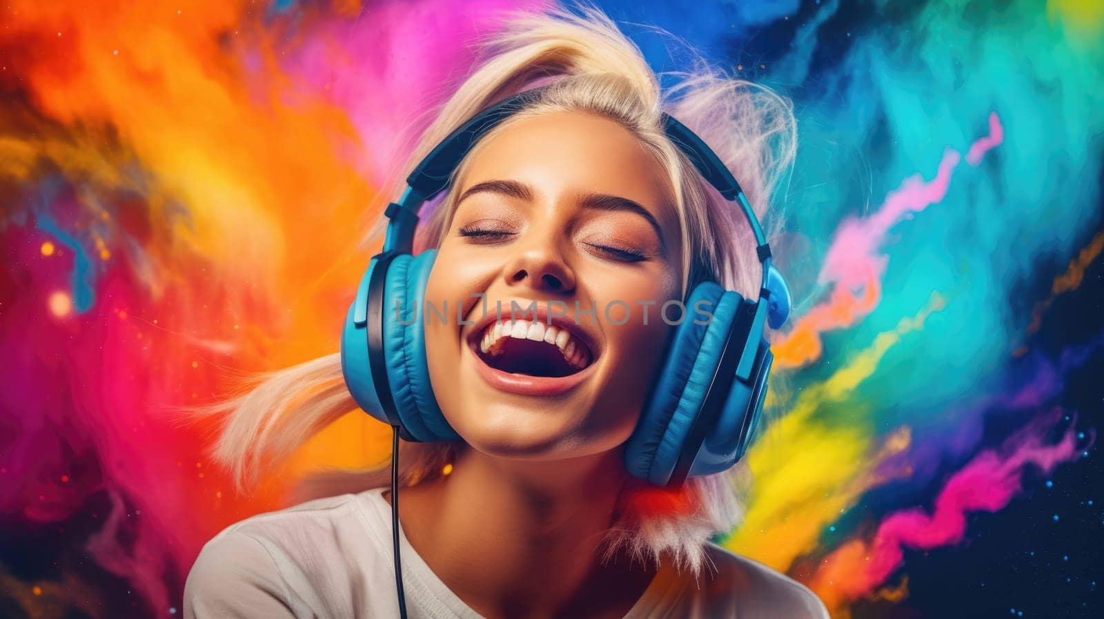 candid shot of an excited young scandinavian woman party with headphones. generative ai AIG32 by biancoblue