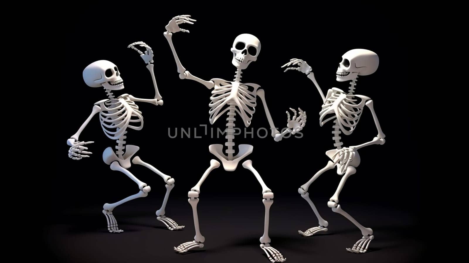 Three happy dancing white skeletons isolated on a black background. Ai generative