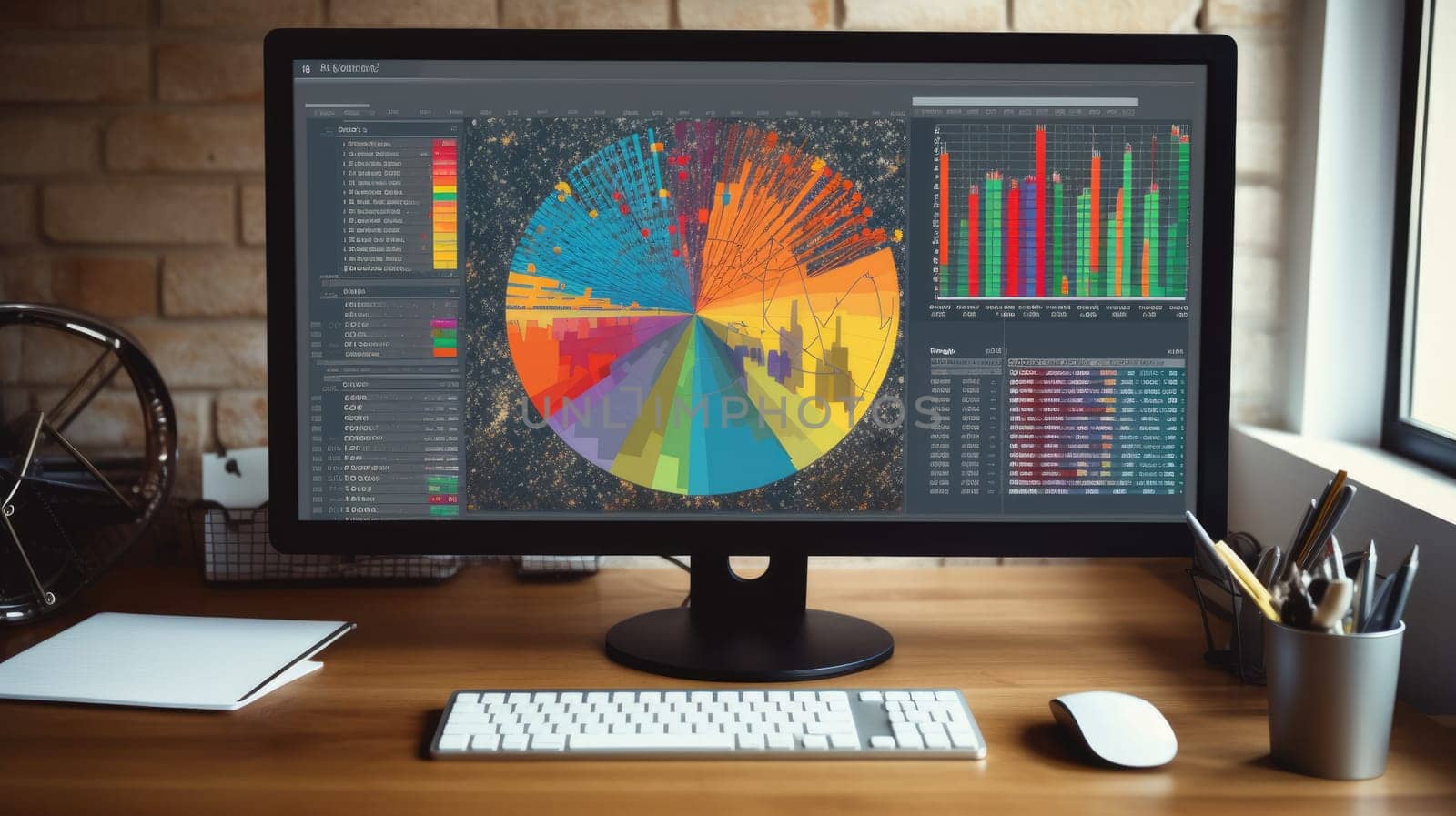 A computer screen displaying multiple financial reports, graphs and pie in corporate office background. beautiful Generative AI AIG32