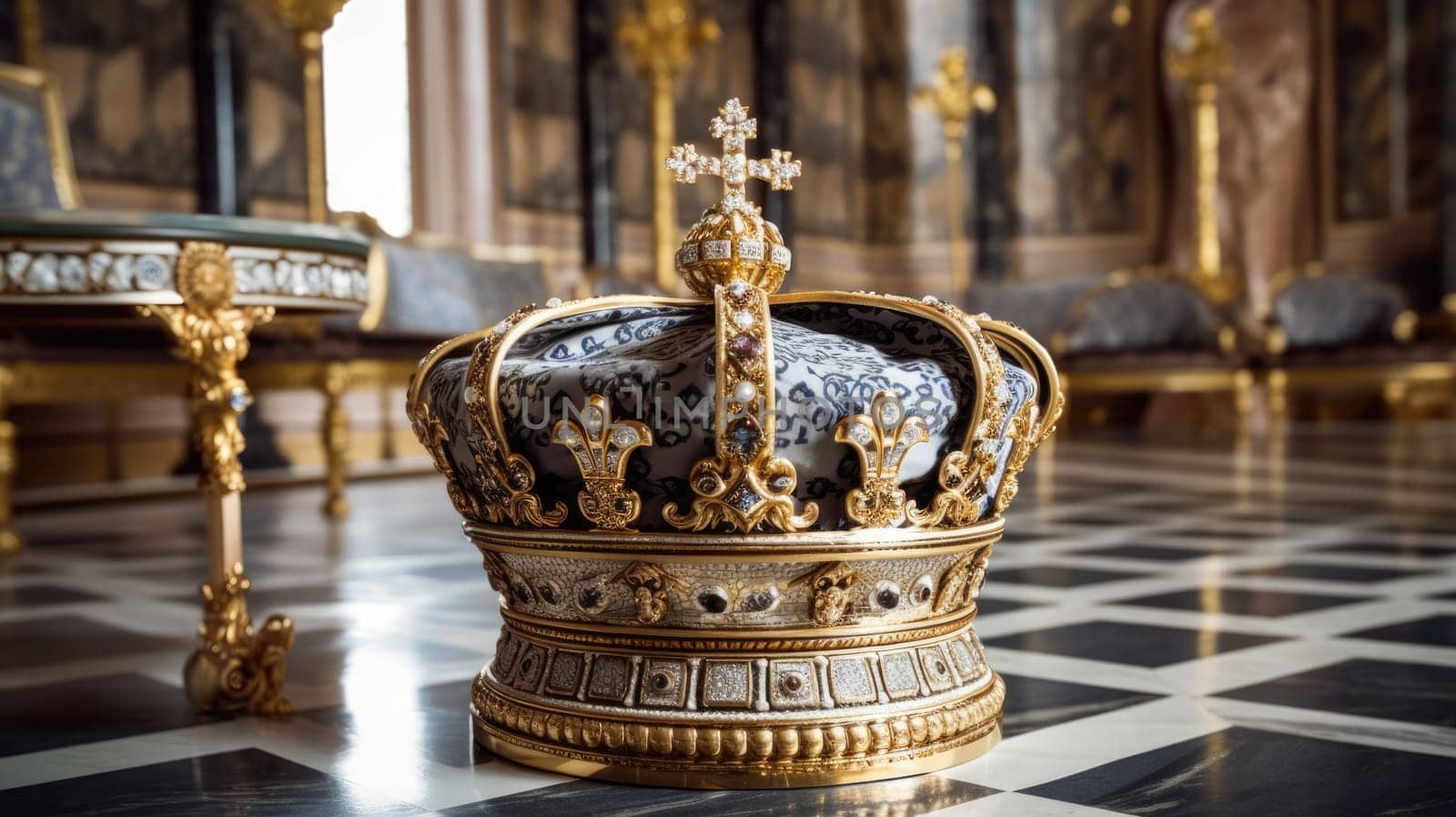 A crown of the united kingdom on ornate design table in the palace. beautiful Generative AI AIG32