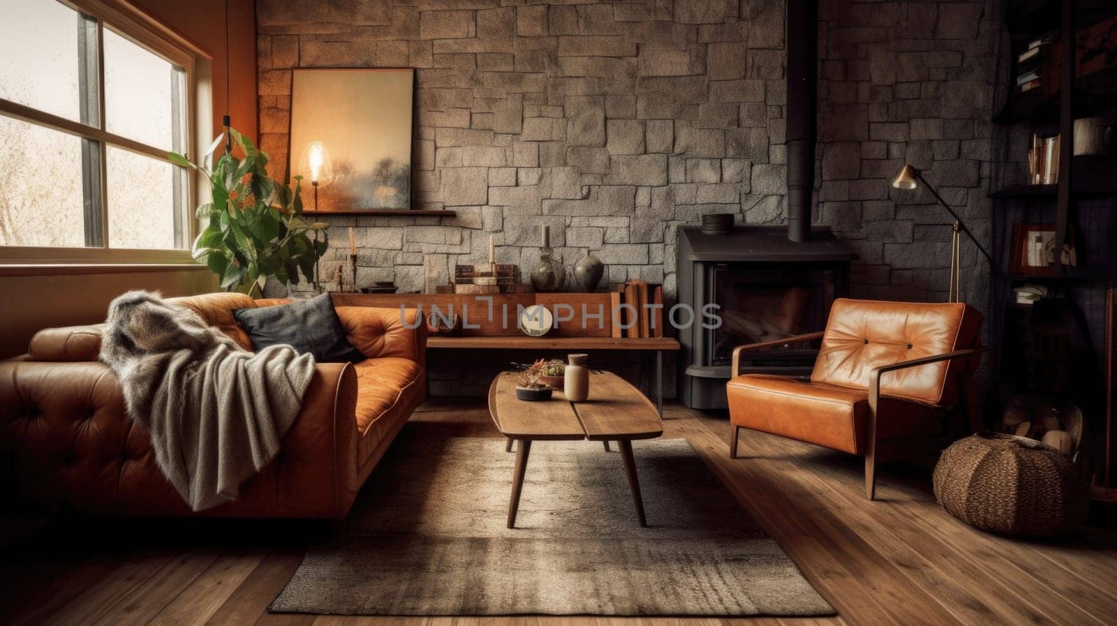 Living room decor, home interior design . Mid-Century Modern Scandinavian style with Fireplace decorated with Leather and Wood material . Generative AI AIG26.