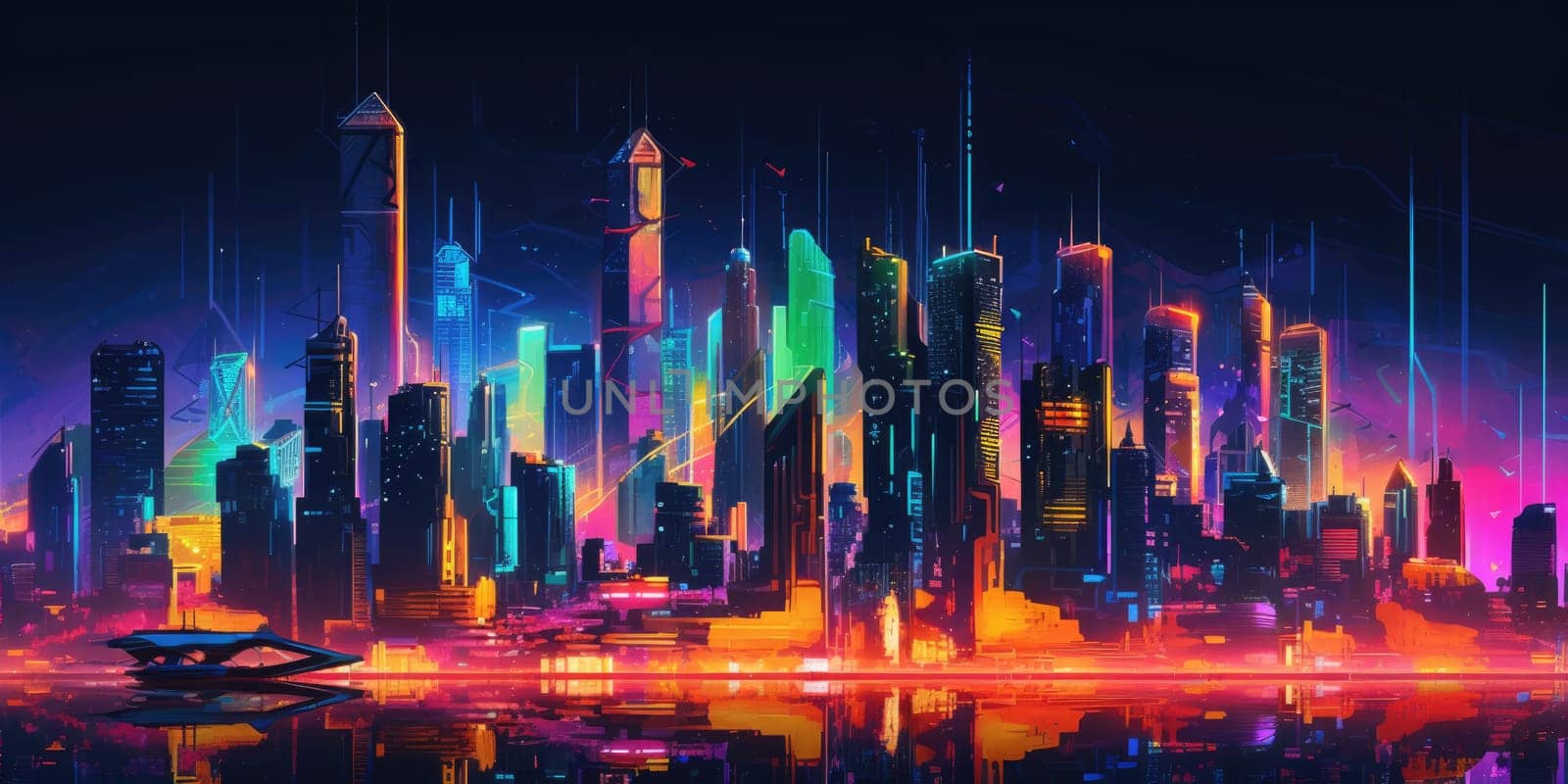 city skyline cyberpunk neon on dark background. generative ai AIG32 by biancoblue