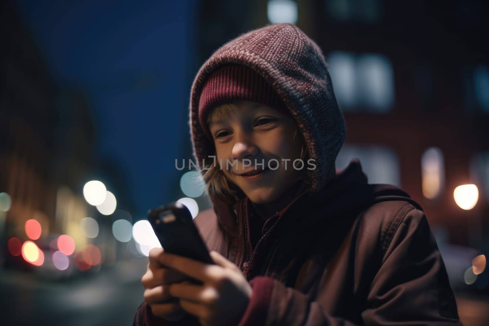 Low angle shot of a young caucasian 10-year-old little boy trendy clothes using mobile phone with background of urban city street at night. Generative AI AIG18.