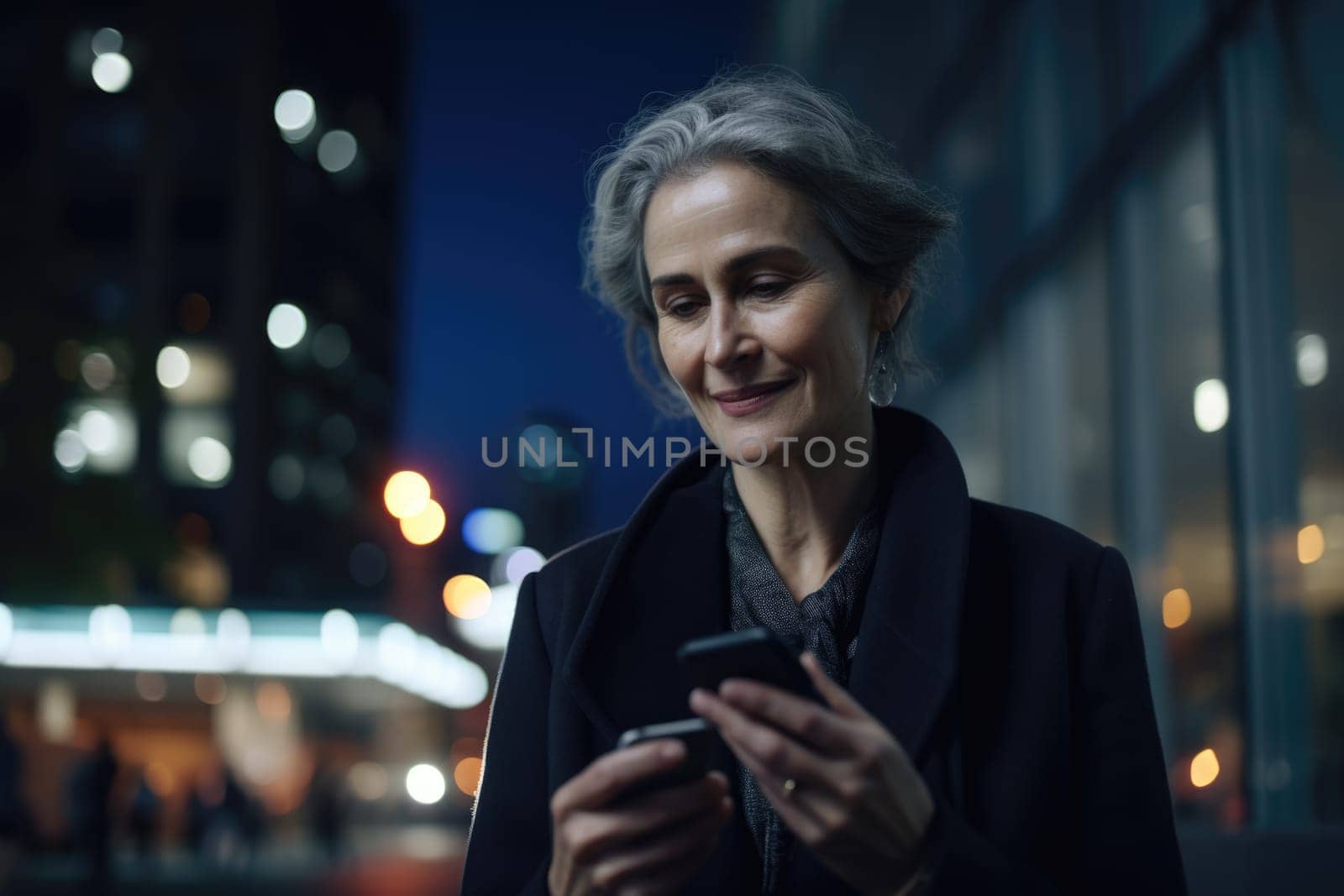 a senior caucasian businesswoman executive using mobile phone with background of modern office buildings at night Generative AI AIG18. by biancoblue