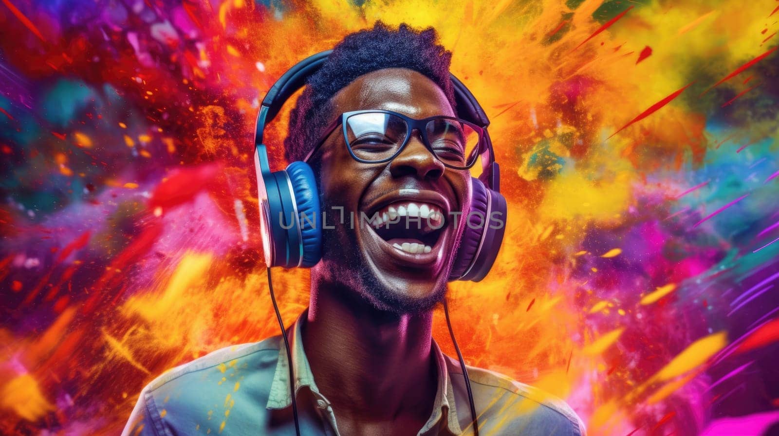 candid shot of an excited young african man party with headphones. generative ai AIG32 by biancoblue