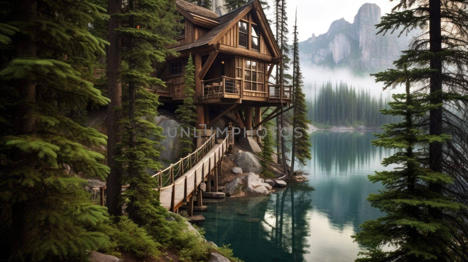 The vintage lakeside treehouse exterior at moraine lake in Canada. Generative AI AIG30. by biancoblue