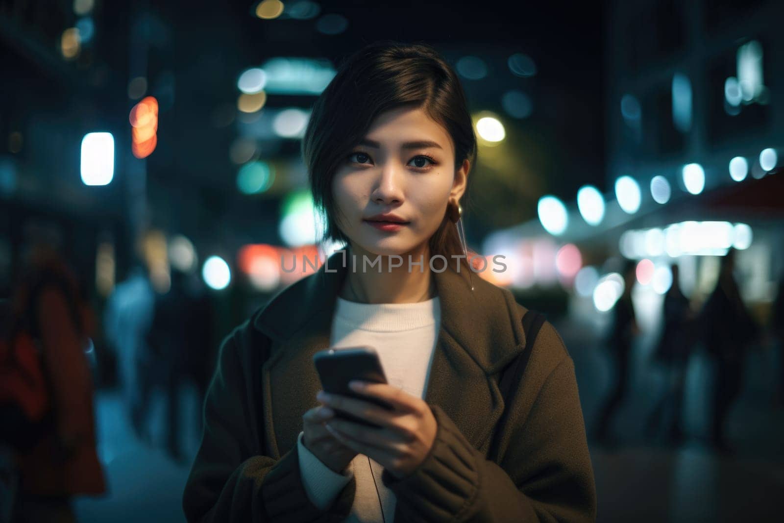 Wide angle shot of a young chinese japanese woman trendy clothes using mobile phone with background of urban city street at night. Generative AI AIG18. by biancoblue