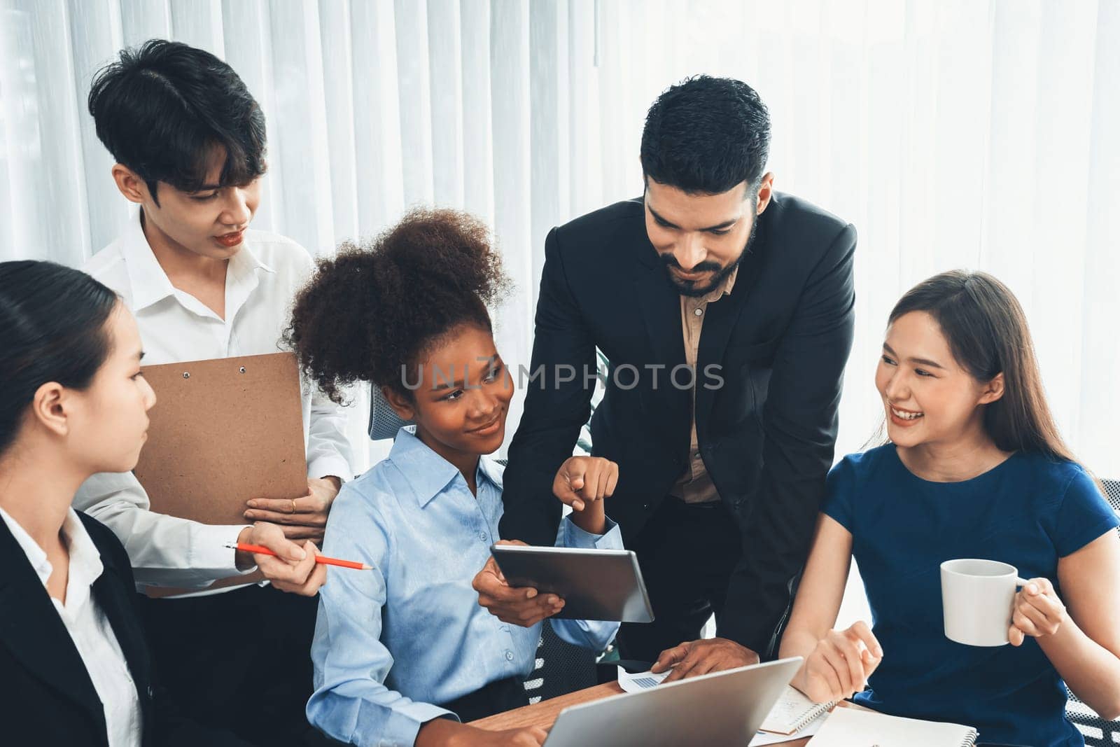 Modern multicultural office worker in corporate workplace. Concord by biancoblue