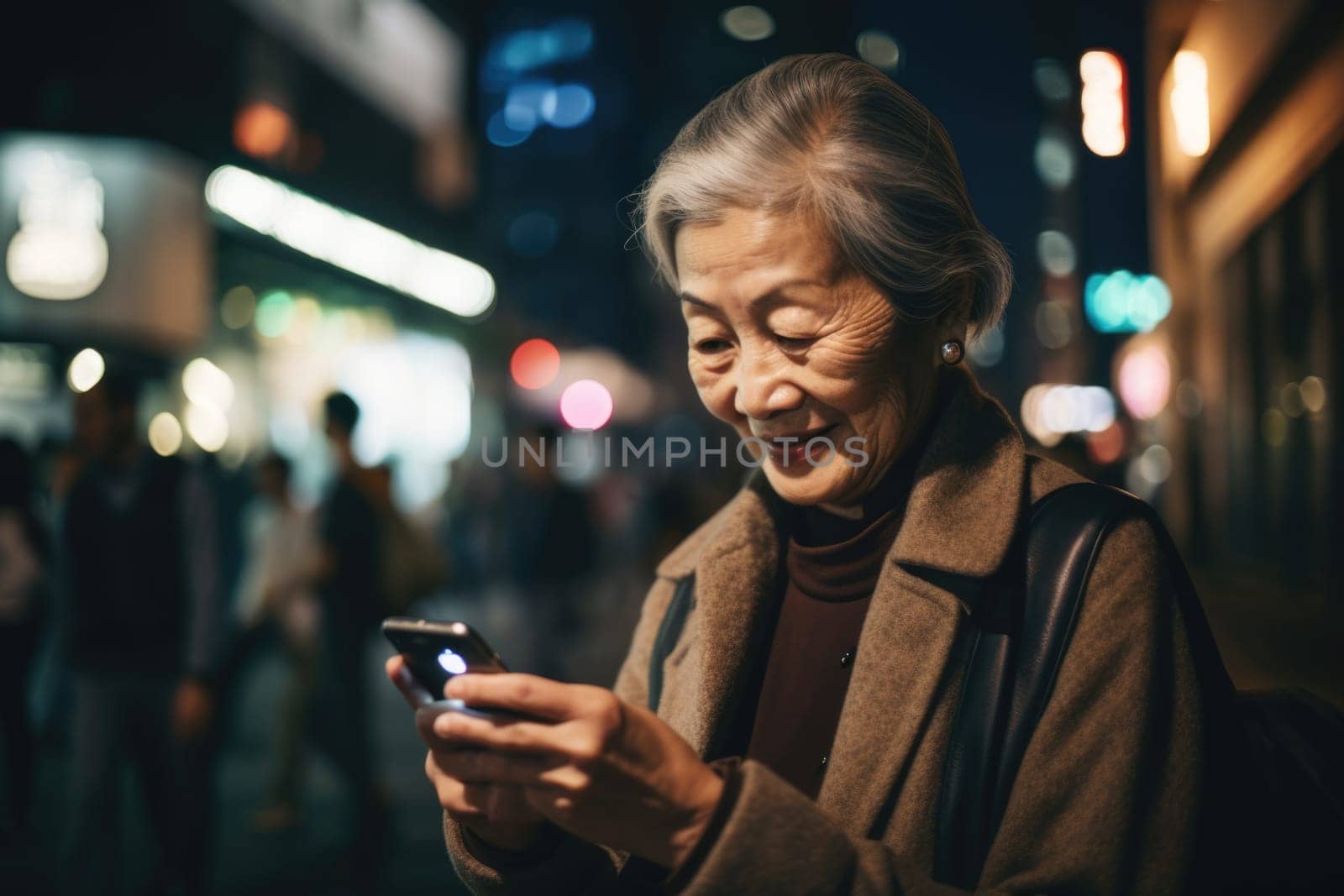 a senior chinese japanese woman trendy clothes using mobile phone with background of urban city street at night Generative AI AIG18. by biancoblue