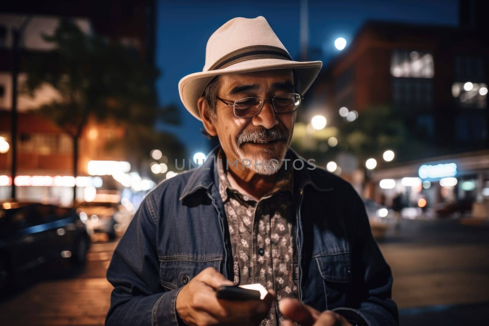 Wide angle shot of a senior mexican hispanic man trendy clothes using mobile phone with background of urban city street at night. Generative AI AIG18.