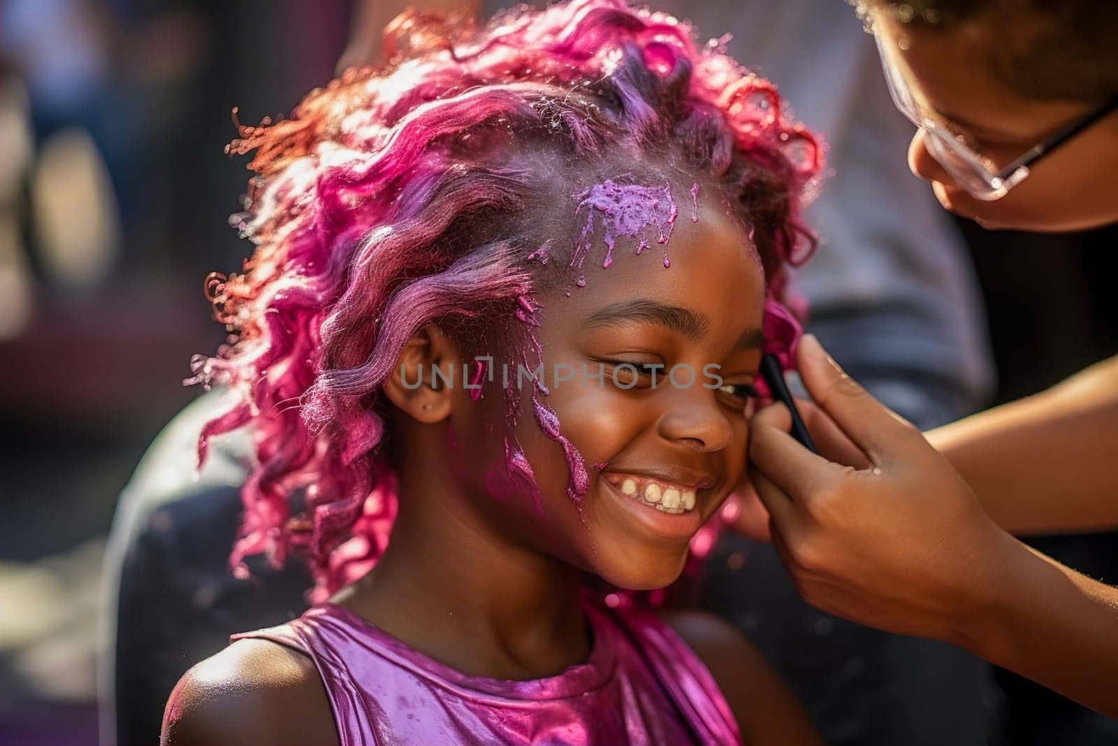 Young African American woman gets her hair dyed pink in a salon. Generative AI by Yurich32