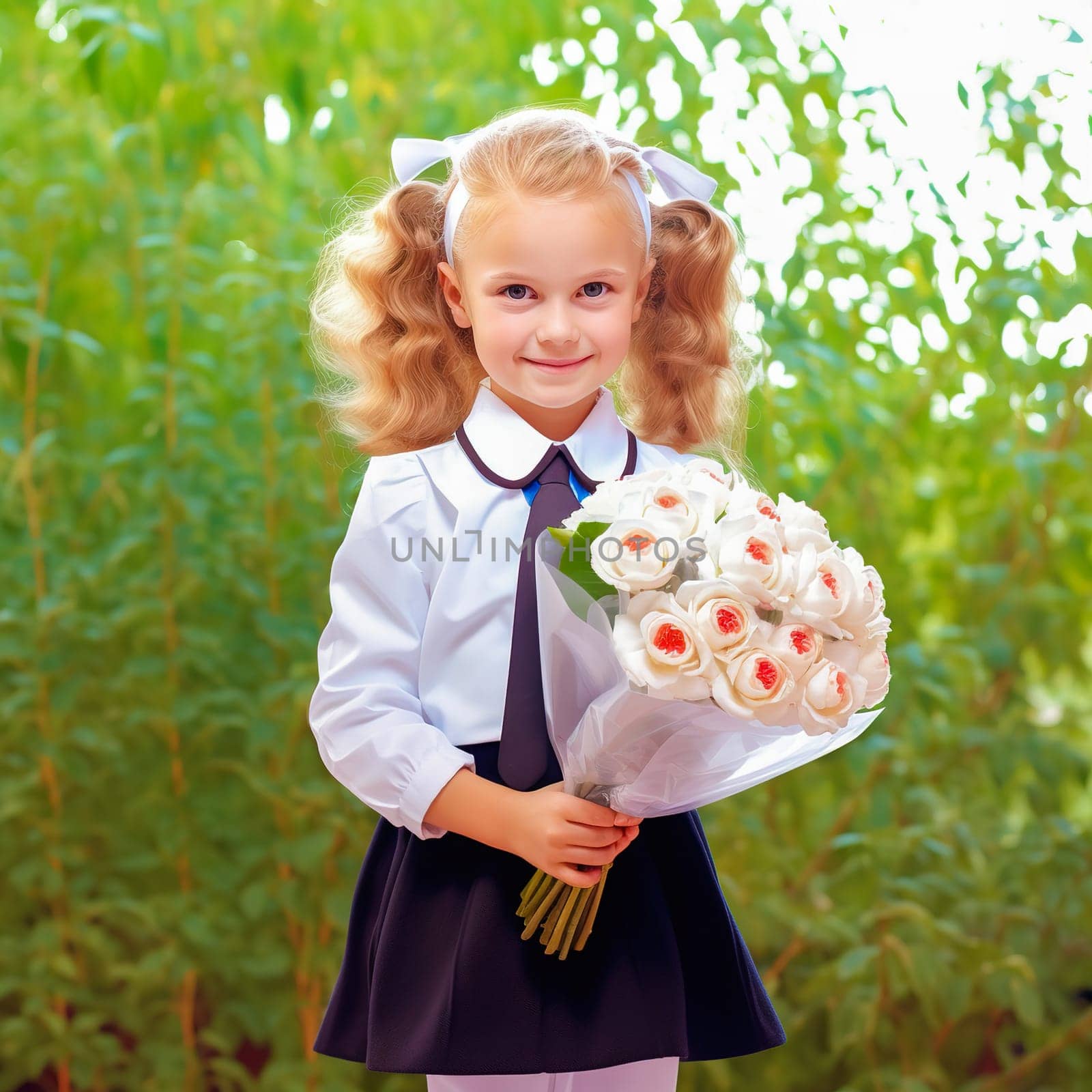 Portrait of a first-grader with a bouquet of flowers. Generative AI. High quality illustration