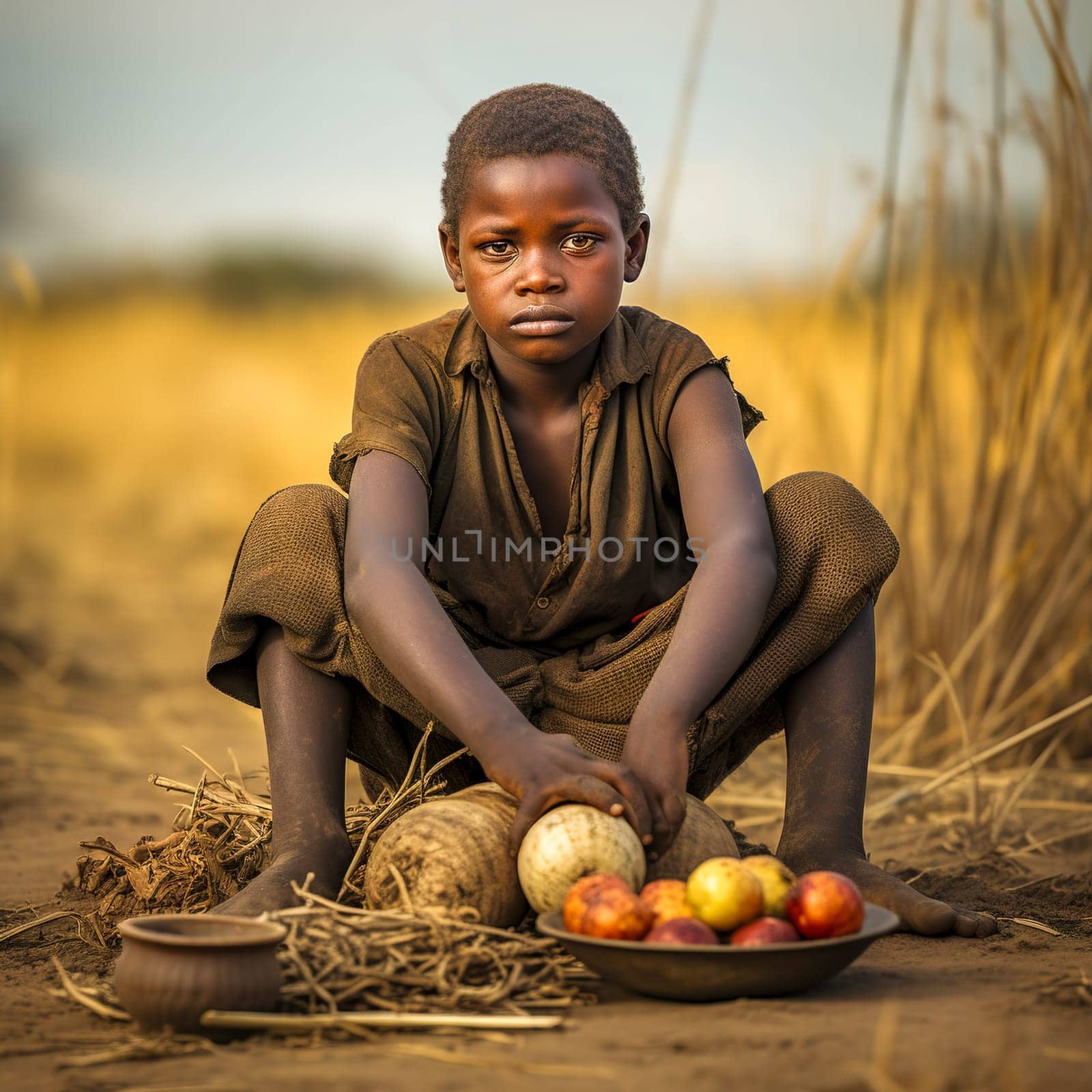 African hungry boy sits on the ground and eats. Generative AI. by Yurich32