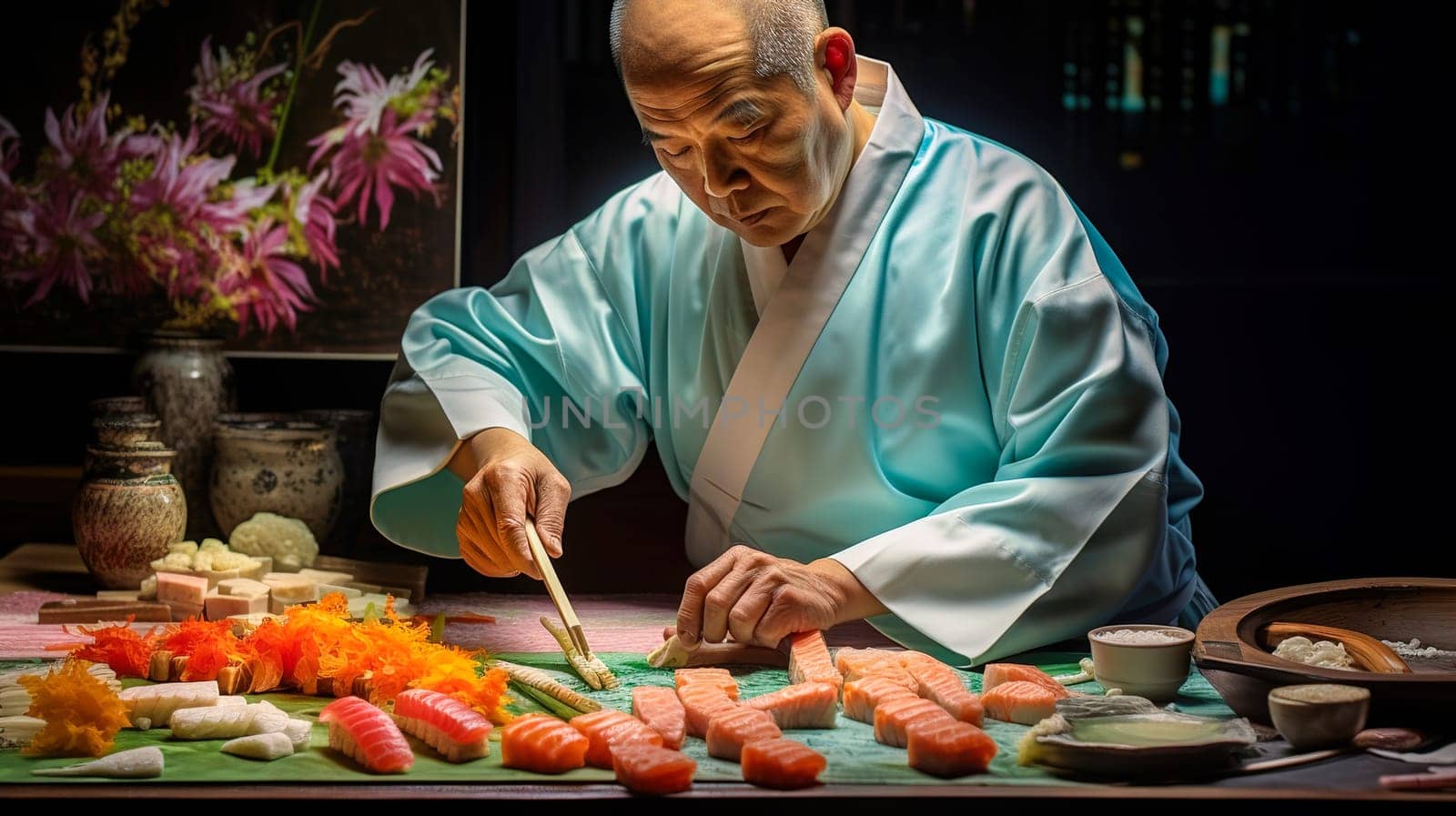 The chef prepares sushi, rolls in the restaurant. Generative AI. High quality illustration