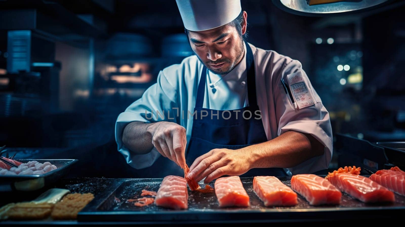 The chef prepares sushi, rolls in the restaurant. Generative AI. High quality illustration
