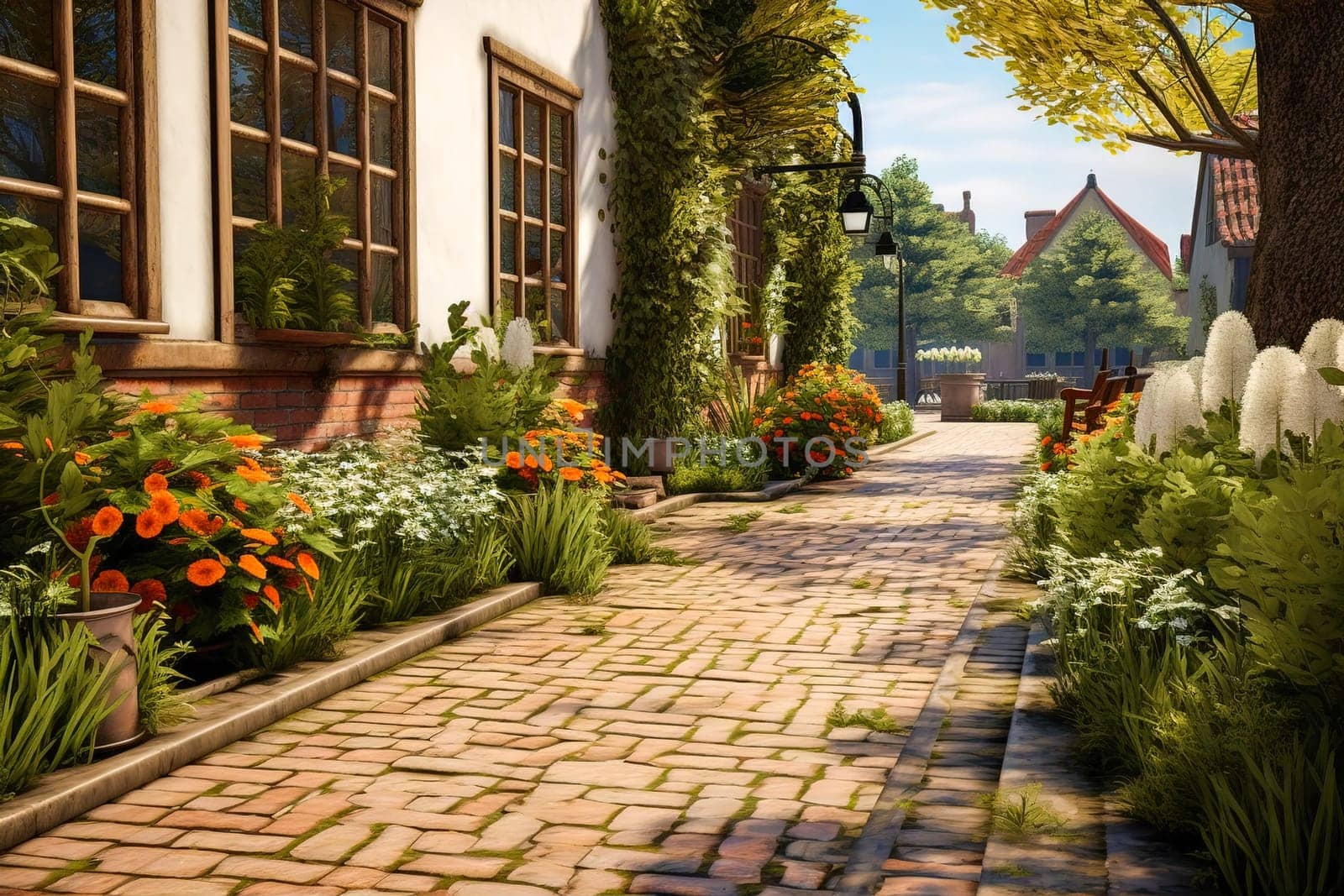 Clinker brick path to the house, landscaping. Generative AI. High quality illustration