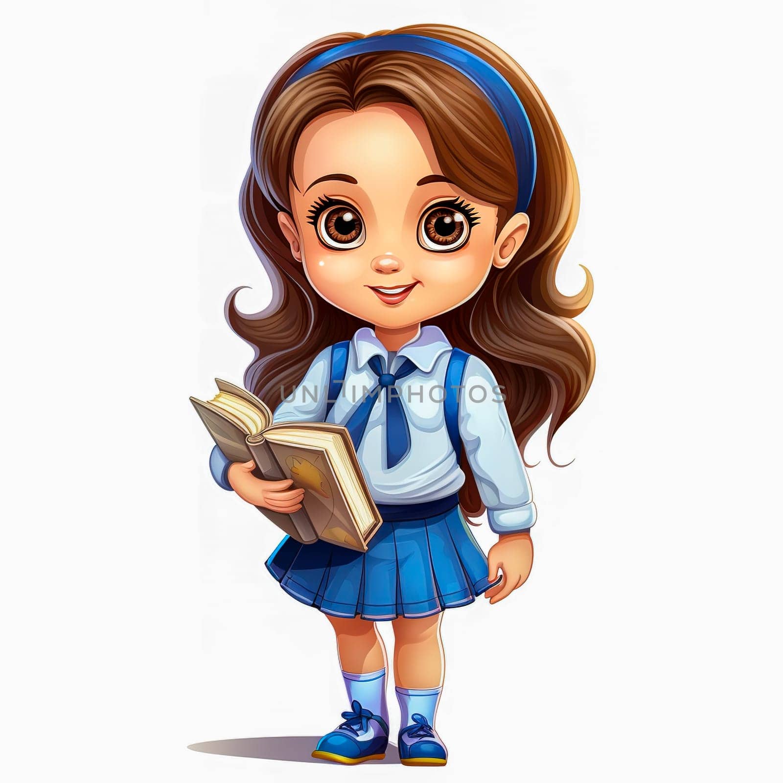 A first-grader in a school uniform with a textbook in her hands. Generative AI. High quality illustration