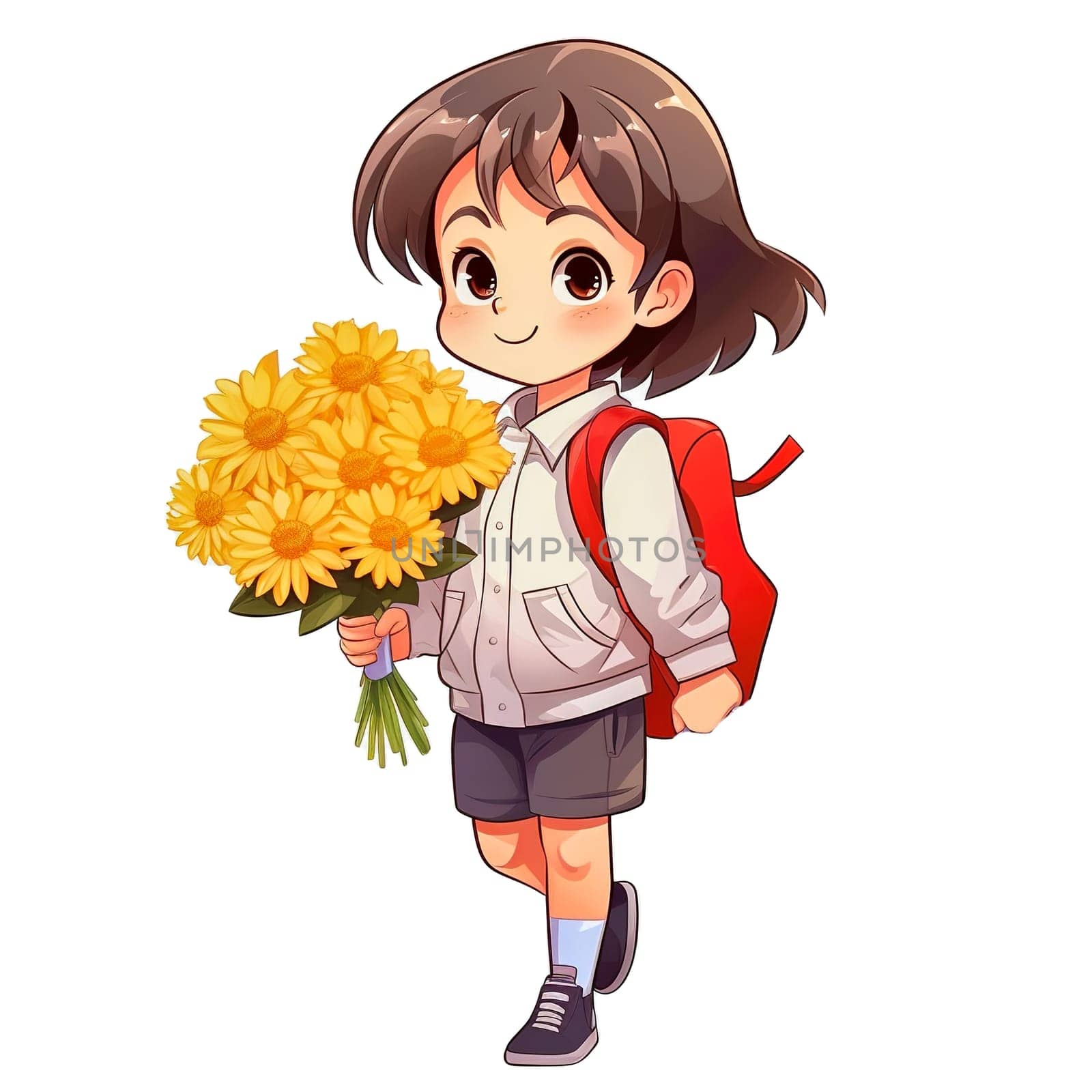 First grader with a bouquet of flowers in her hands. Generative AI. High quality illustration