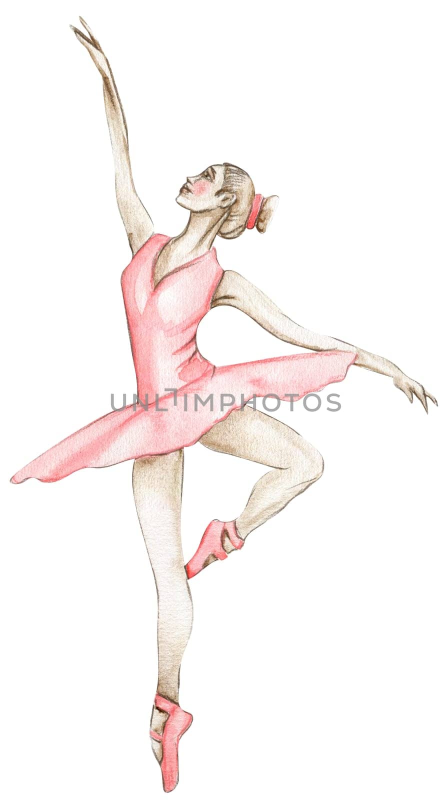 Watercolor dancing ballerina in red dress. Isolated dancing ballerina. Hand drawn classic ballet performance, pose. Young pretty ballerina women illustration. Can be used for postcard and posters. by ArtsByLeila