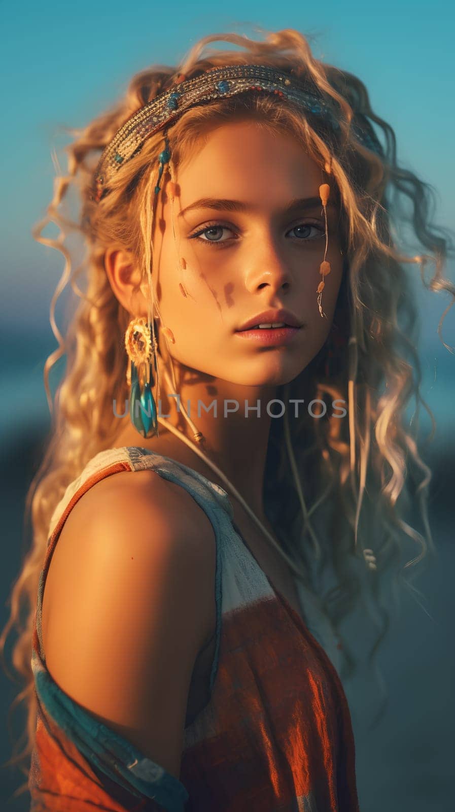 a young woman with long curly hair in front of the sunrise - Generative AI by chrisroll