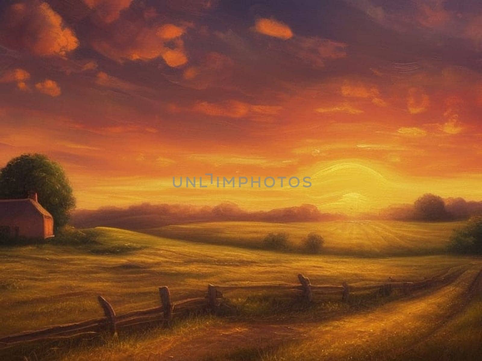 Immerse yourself in the breathtaking beauty of a fiery red sunset casting its warm glow over the picturesque countryside. This stunning AI-generated image depicts a dreamy scene on a cloudy day, where the sun's rays pierce through the clouds, illuminating the rolling hills in the background. Lose yourself in the tranquility of this captivating sunset, as nature's palette paints the sky in vibrant hues.