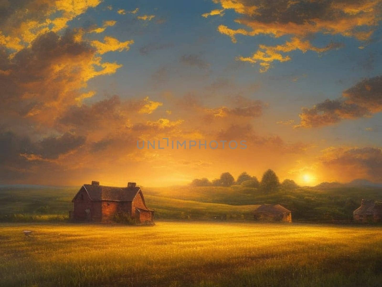 Immerse yourself in the breathtaking beauty of a fiery red sunset casting its warm glow over the picturesque countryside. This stunning AI-generated image depicts a dreamy scene on a cloudy day, where the sun's rays pierce through the clouds, illuminating the rolling hills in the background. Lose yourself in the tranquility of this captivating sunset, as nature's palette paints the sky in vibrant hues.