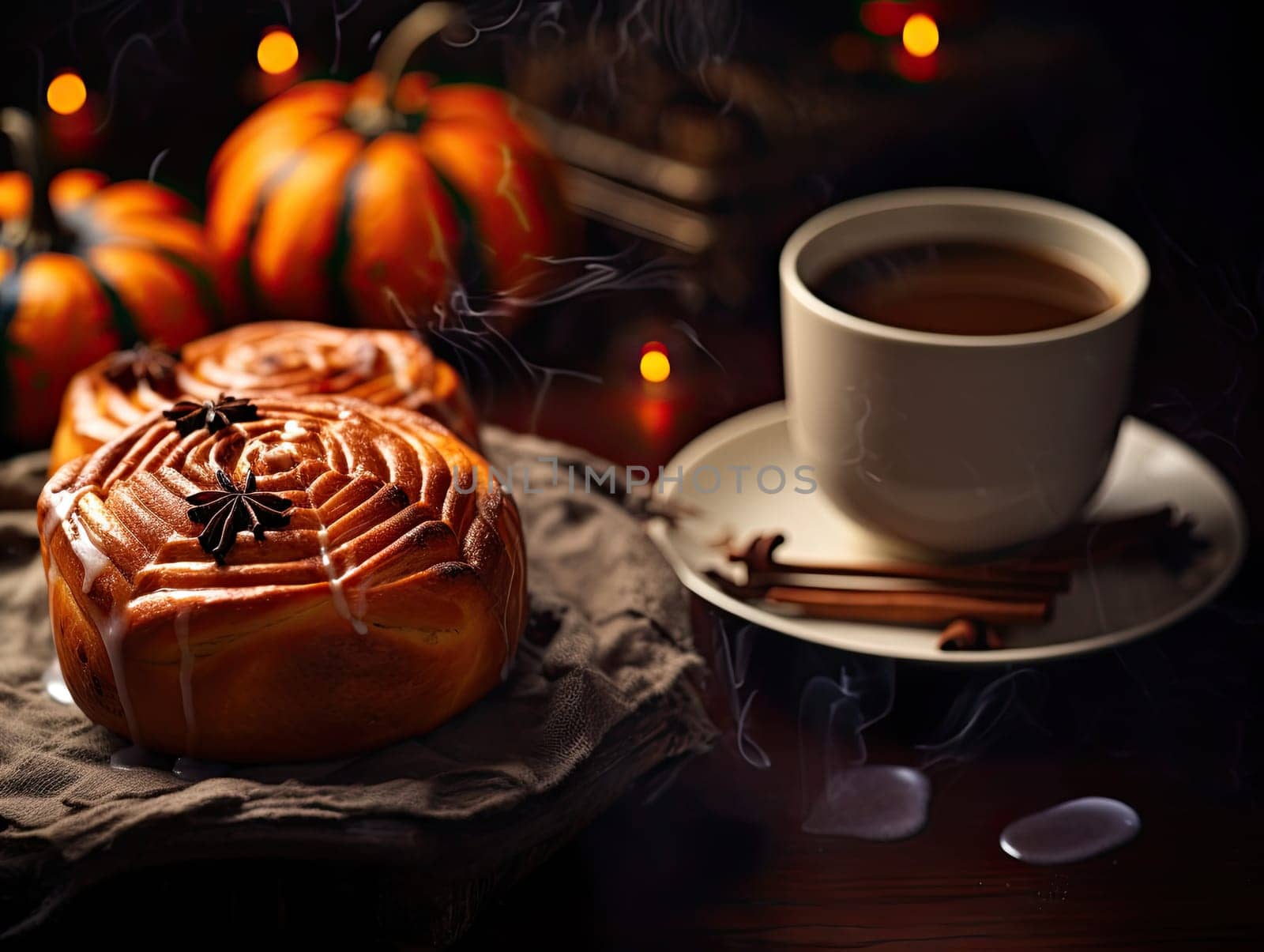 Freshly baked halloween cinnamon rolls with chocolate spider and spider web ornament with cup of coffee and orange halloween pumpkins in the background. Generative AI.