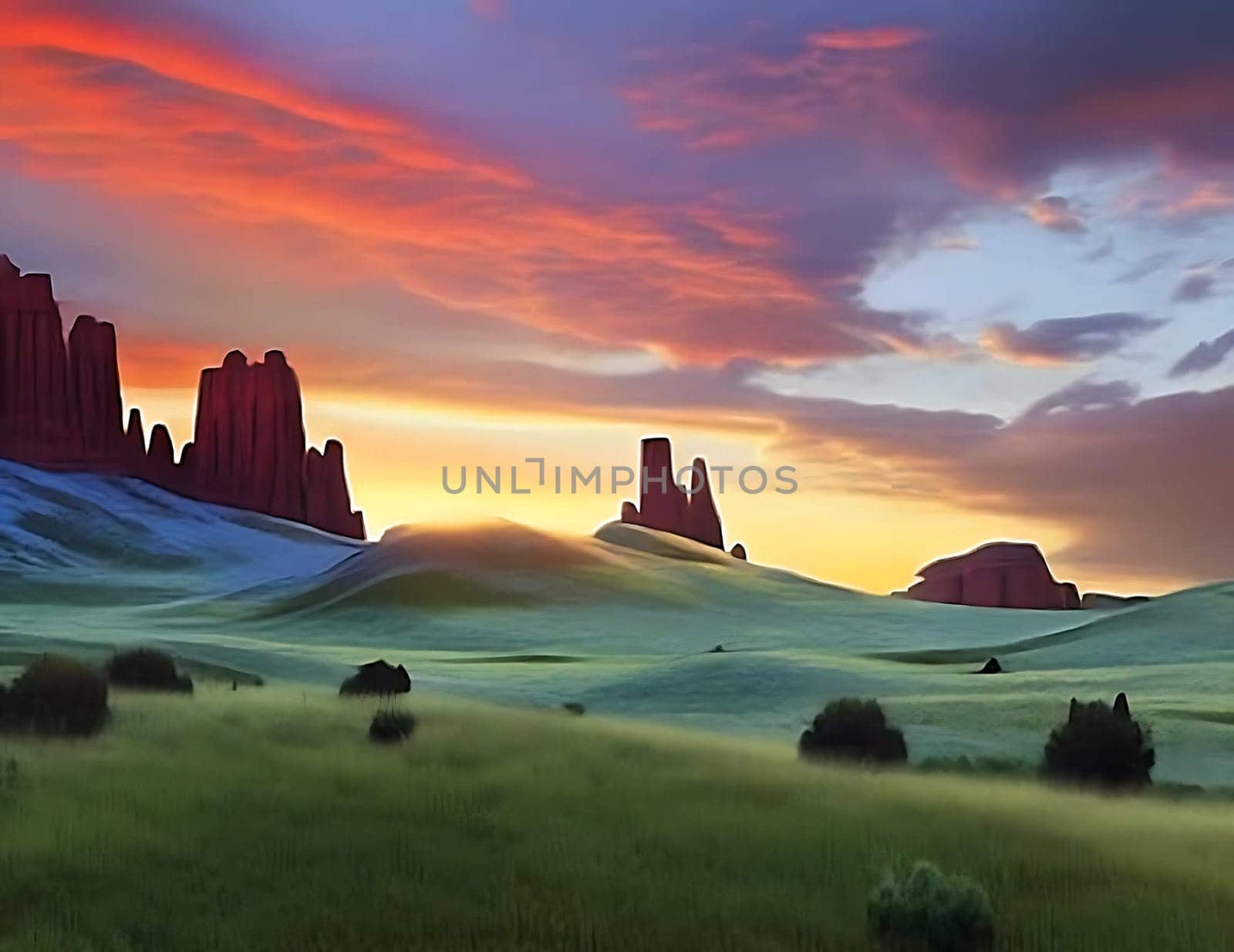 Witness a breathtaking spectacle as the radiant red sun bids farewell to the day, casting its vibrant hues across the countryside. This AI-generated masterpiece captures the essence of a mesmerizing sunset on a cloudy day. The rolling hills in the background add a touch of serenity to the scene, creating a harmonious blend of nature's wonders.