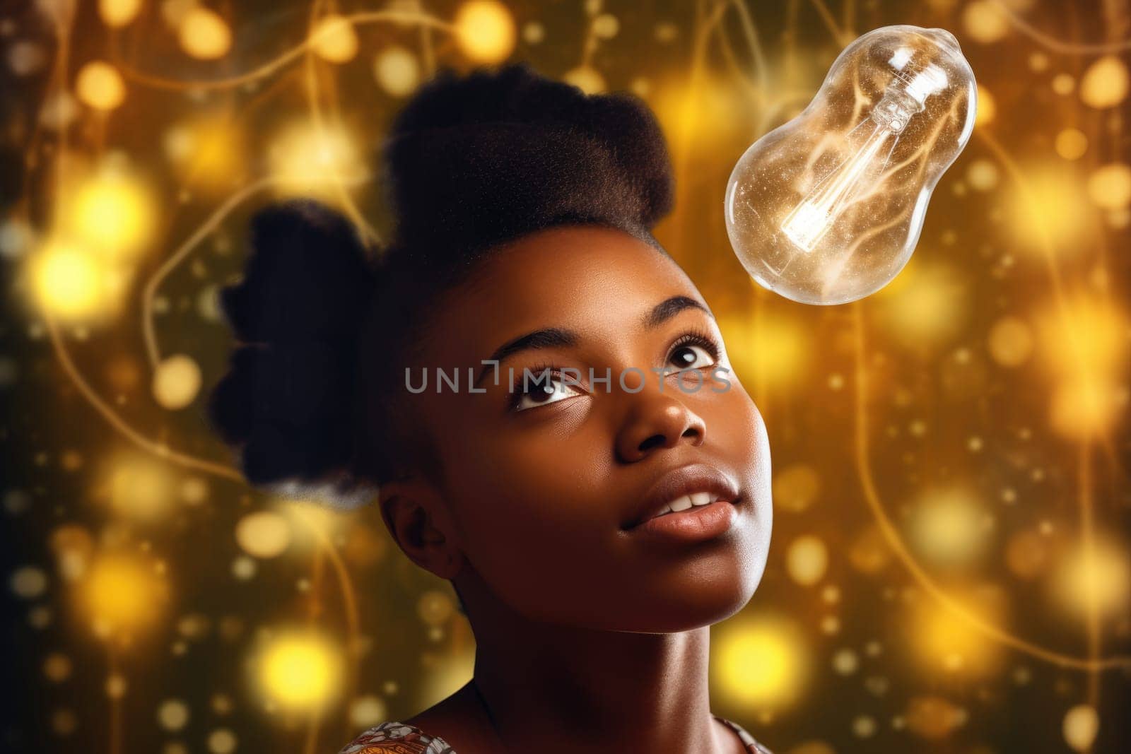 bright light bulb float above of young african woman's head. generative ai AIG32 by biancoblue