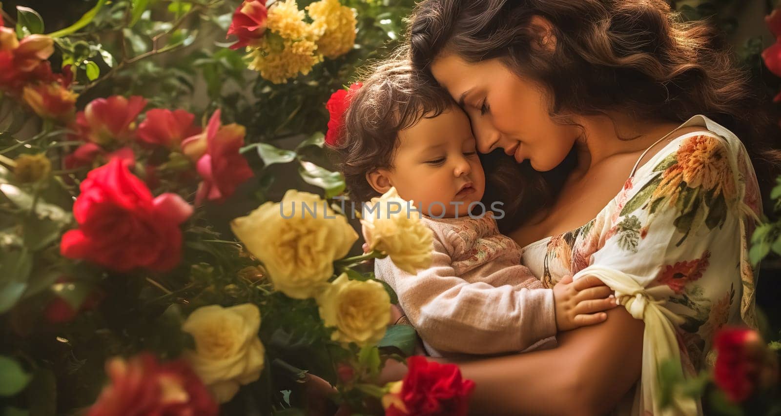 Mothers Day, portrait of a mother and child on a flowery meadow in nature, made with Generative AI. High quality illustration