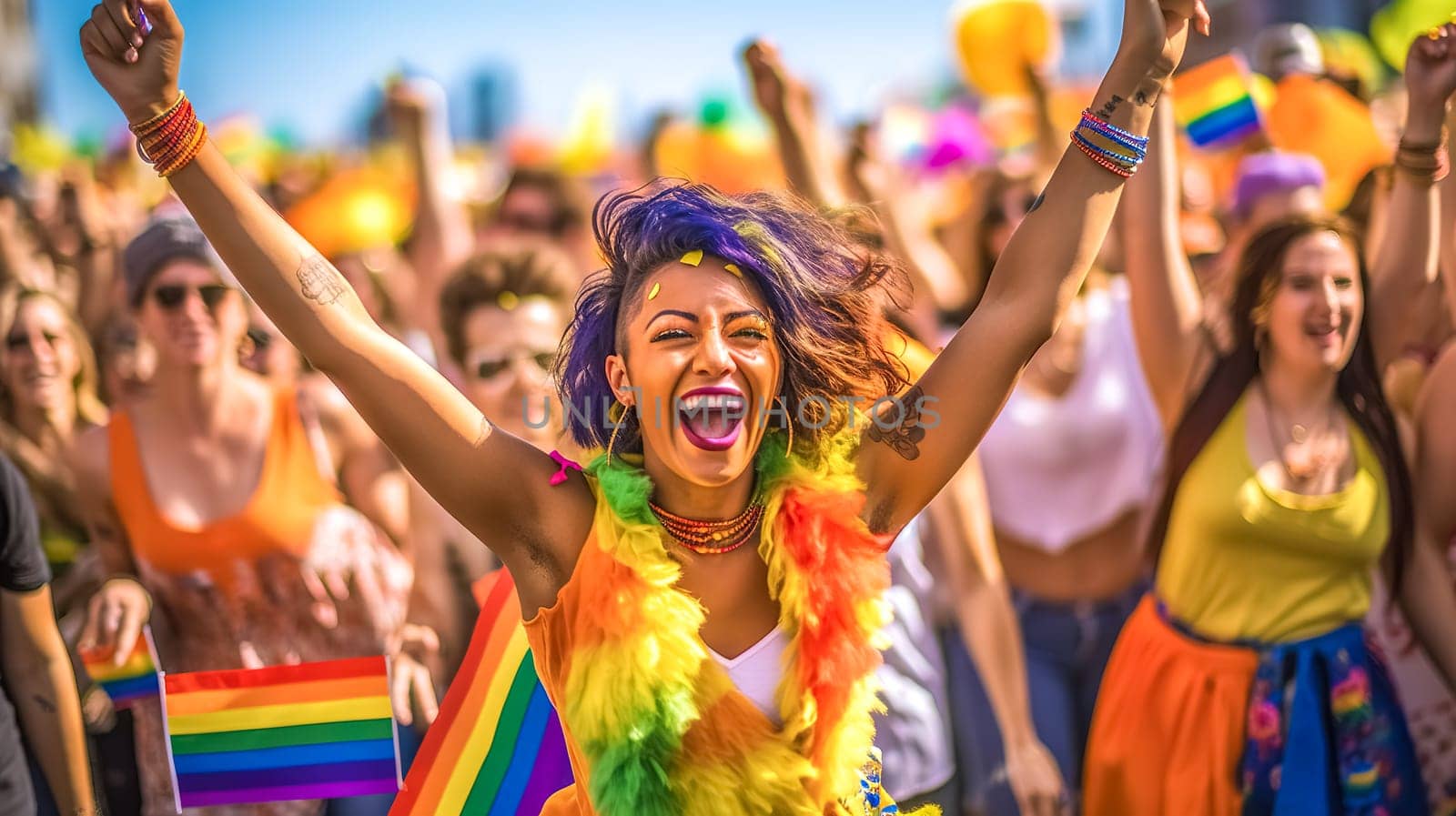 woman at lgbt pride parade, made with Generative AI. High quality illustration