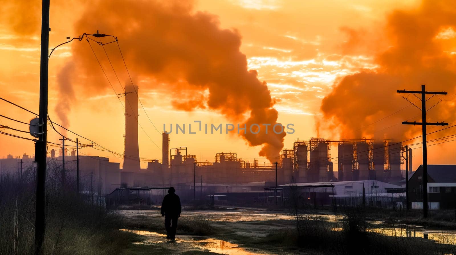 chemical industry, industrial factories pollute the air with toxic smoke from the chimney, made with Generative AI by Edophoto
