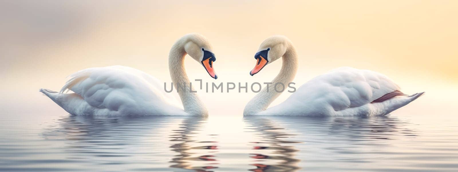 romantic pair of swans in love forms a heart shape on the surface of the water, banner made with Generative AI by Edophoto