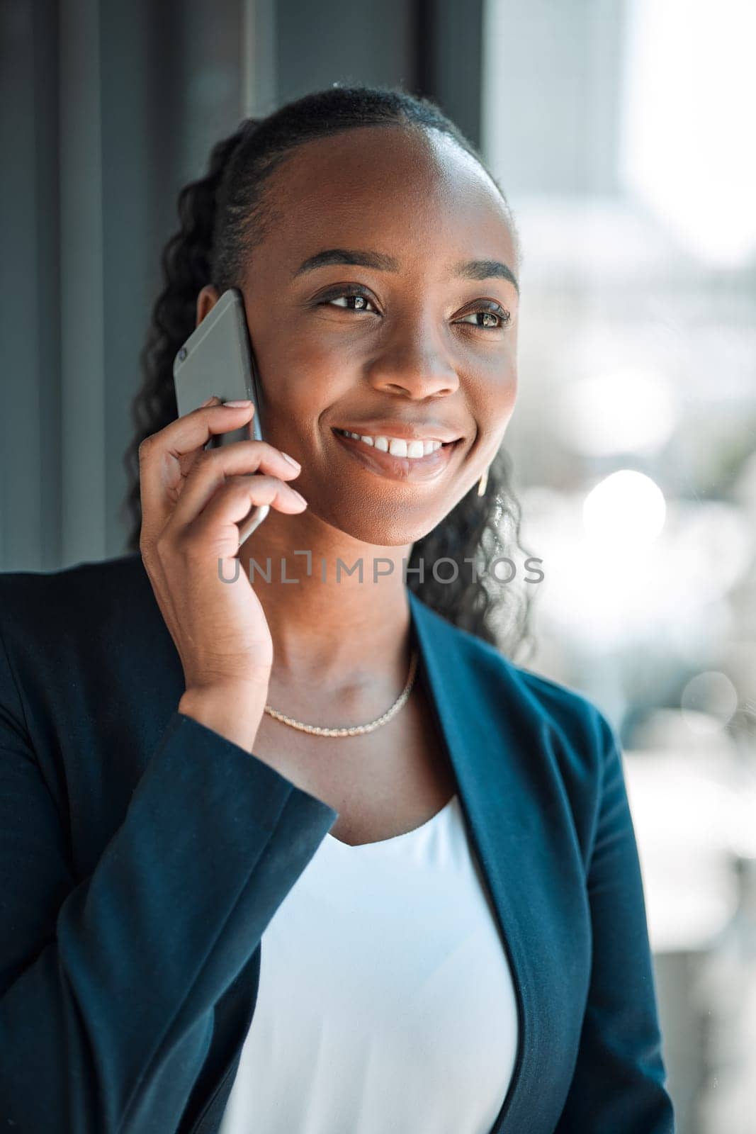 Black woman, smile and phone call for business, communication and conversation. Smartphone, happy and African professional talking, listening and networking with contact to chat in corporate office