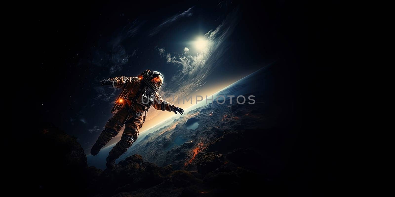 Astronaut lost in space. Lonely spaceman in open space. Concept about interstellar missions on the moon. Generative ai.