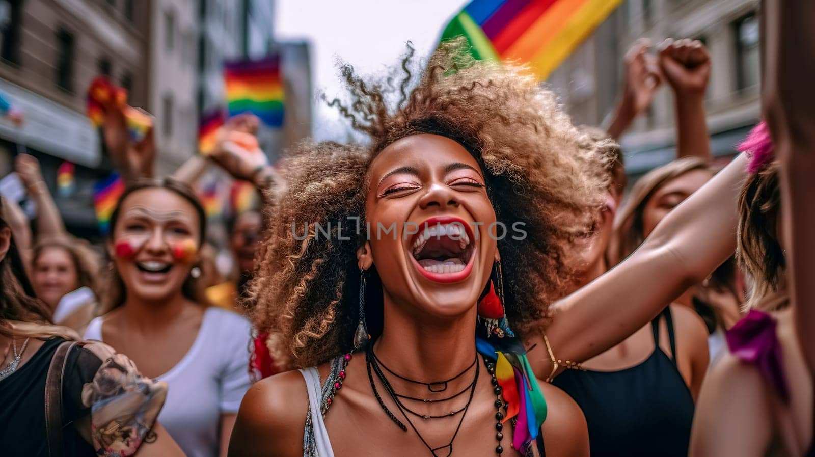 woman at lgbt pride parade, made with Generative AI. High quality illustration