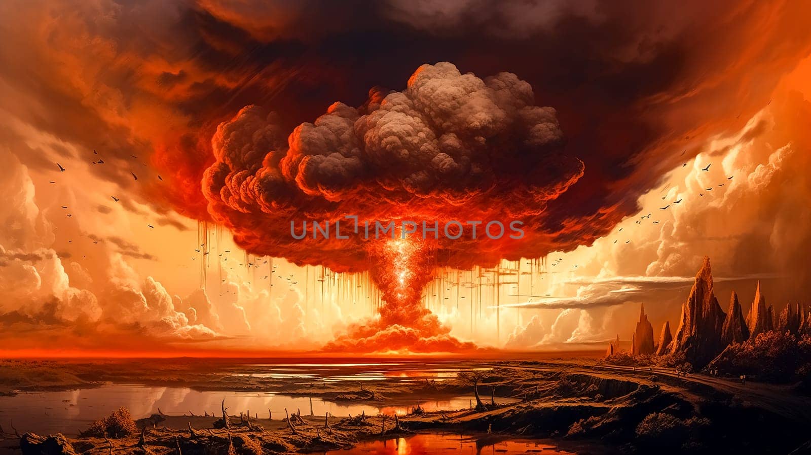the explosion of an atomic bomb with the release of radiation and a large amount of devastating energy, made with Generative AI. High quality illustration