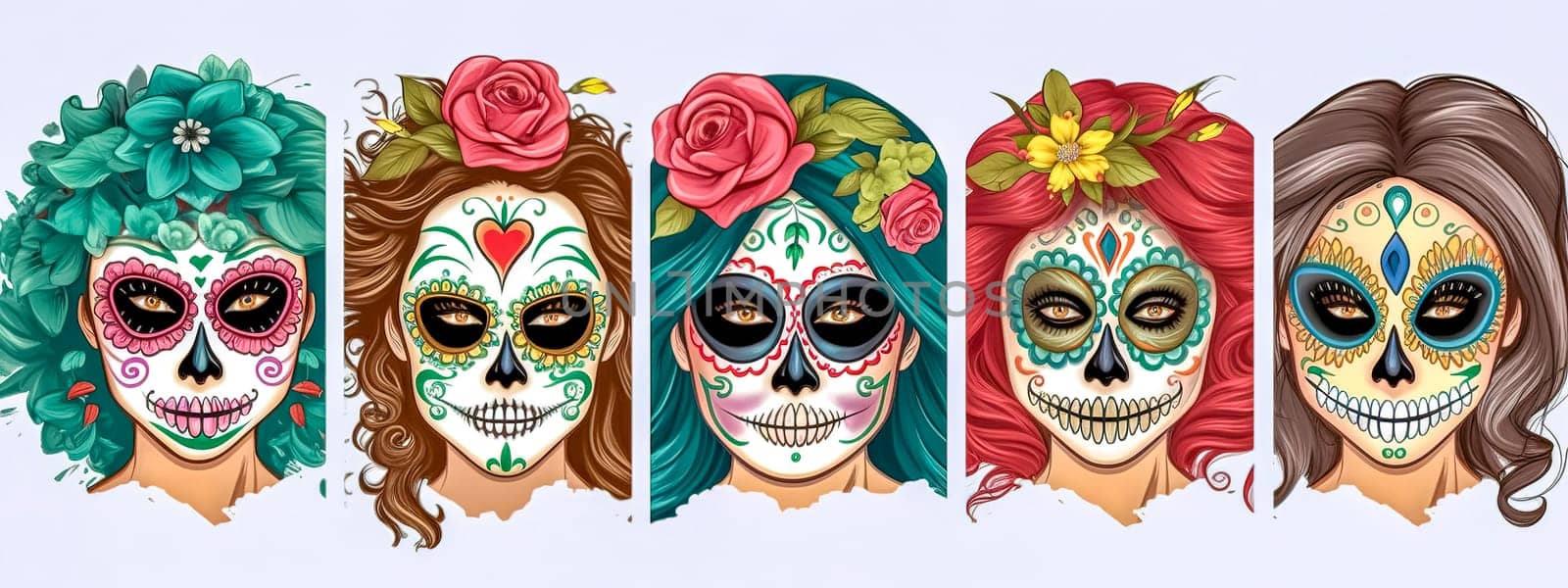 Set of sugar skull makeup women with flowers on white background, banner made with Generative AI. High quality illustration
