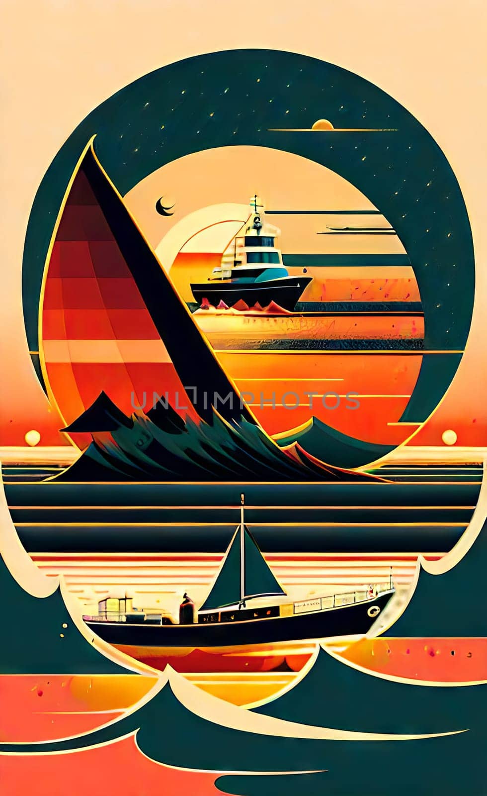 Art composition on the theme of traveling on a yacht. Yacht by the sea at sunset. Large expansion print poster. AI generated