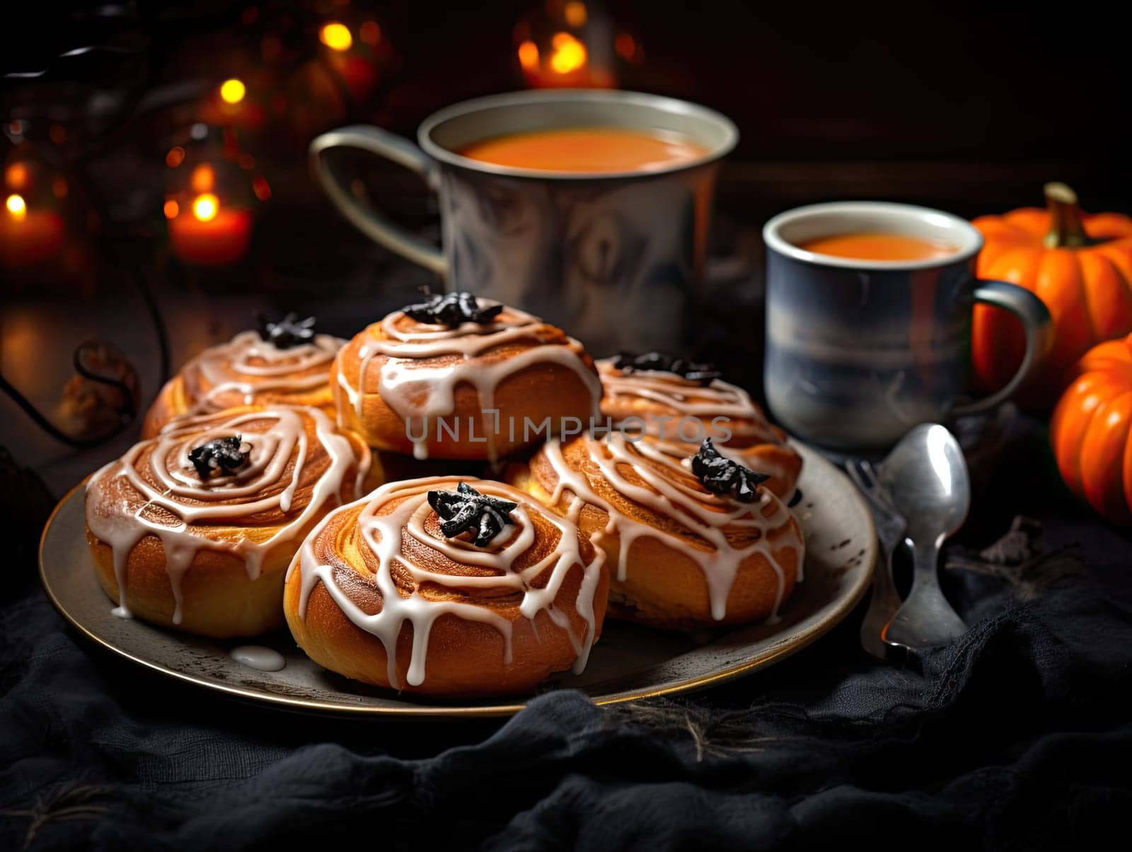 Freshly baked halloween cinnamon rolls with chocolate spider and spider web ornament with cup of coffee and orange halloween pumpkins in the background. Generative AI.