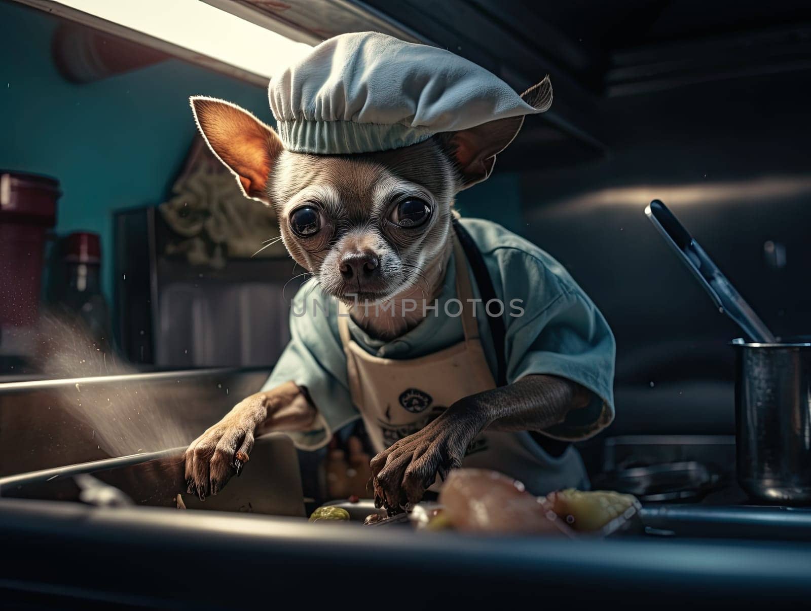Chihuahua god in a cook chef outfit preparing cooking making tacos in a food truck. Generative AI.